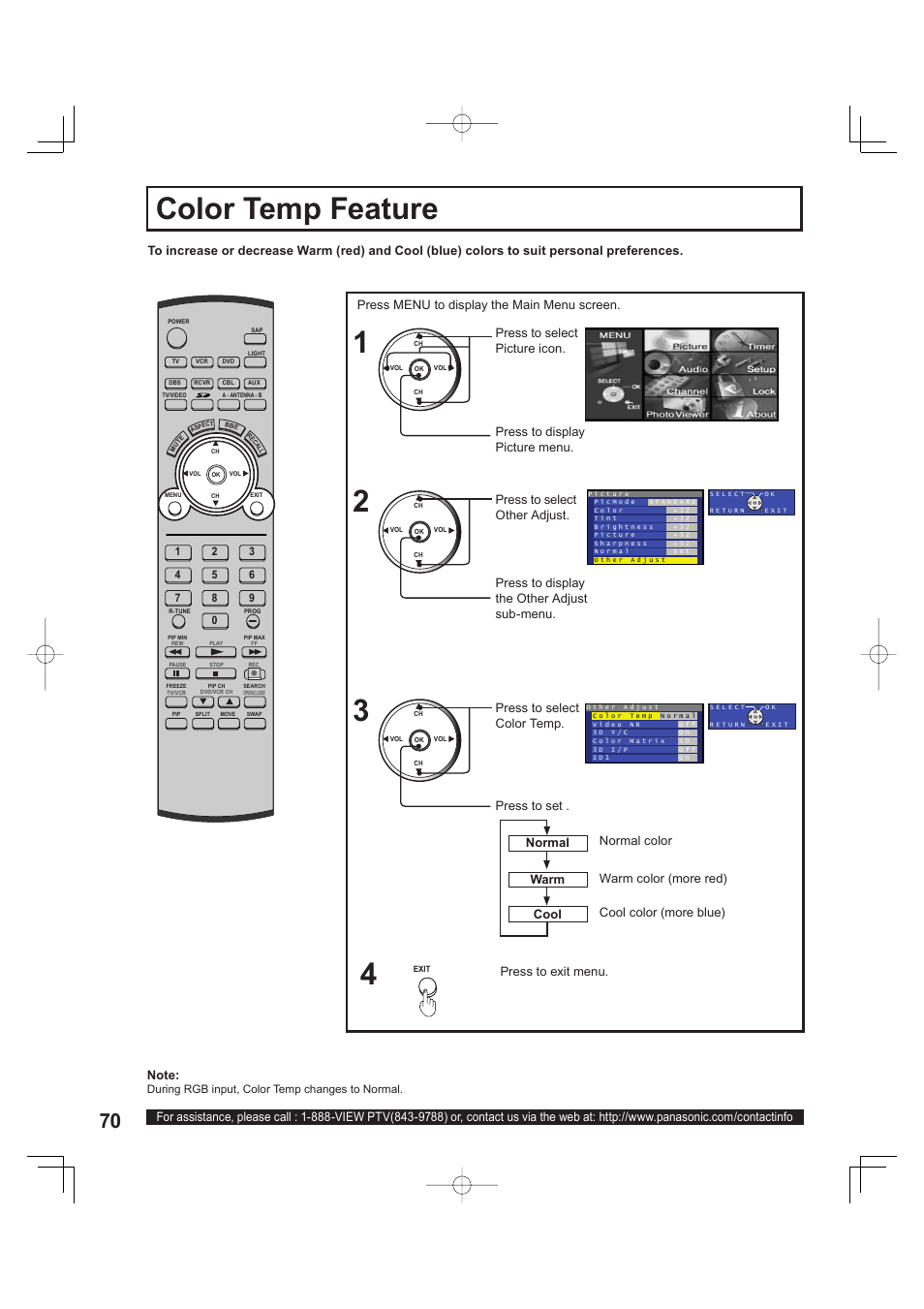 Color temp feature, Press to display the other adjust sub-menu | Panasonic PT 60LCX63 User Manual | Page 70 / 108