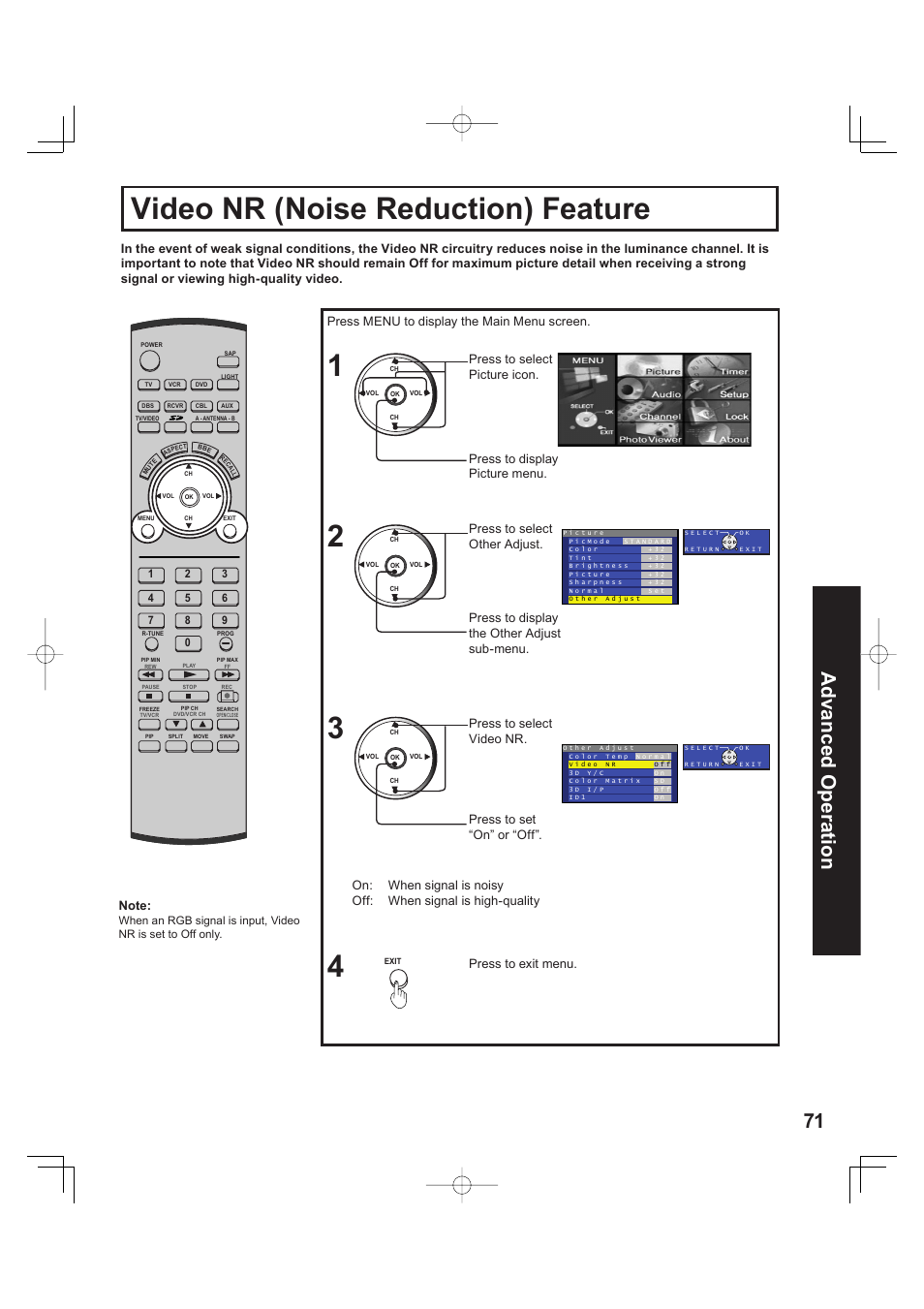 Video nr (noise reduction) feature, 71 advanced op er a tion, Press to display the other adjust sub-menu | Panasonic PT 60LCX63 User Manual | Page 71 / 108