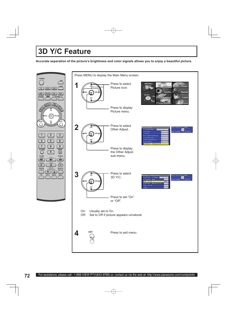 3d y/c feature | Panasonic PT 60LCX63 User Manual | Page 72 / 108