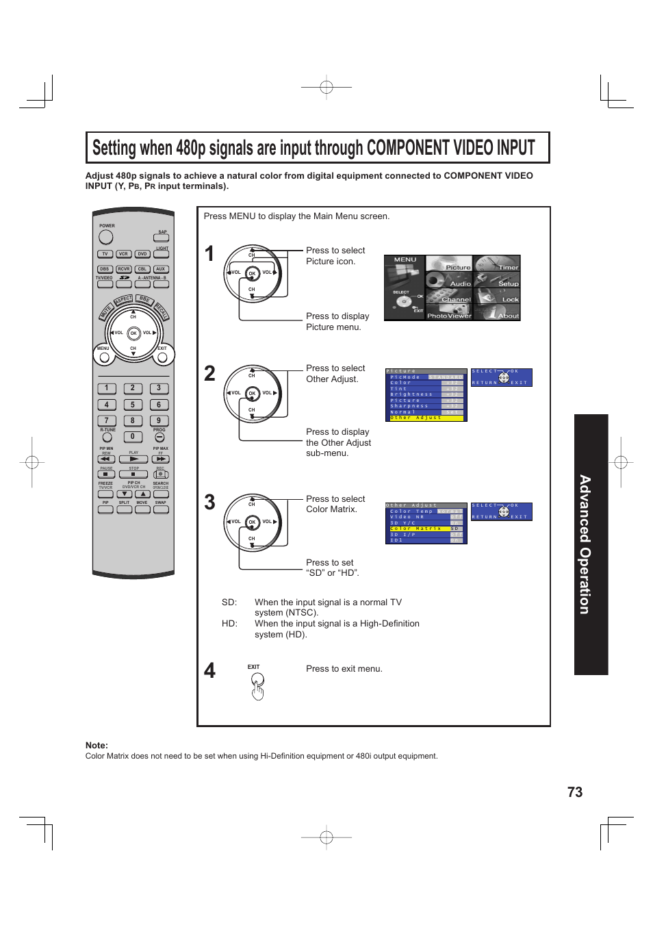 73 advanced op er a tion, Press to display the other adjust sub-menu | Panasonic PT 60LCX63 User Manual | Page 73 / 108