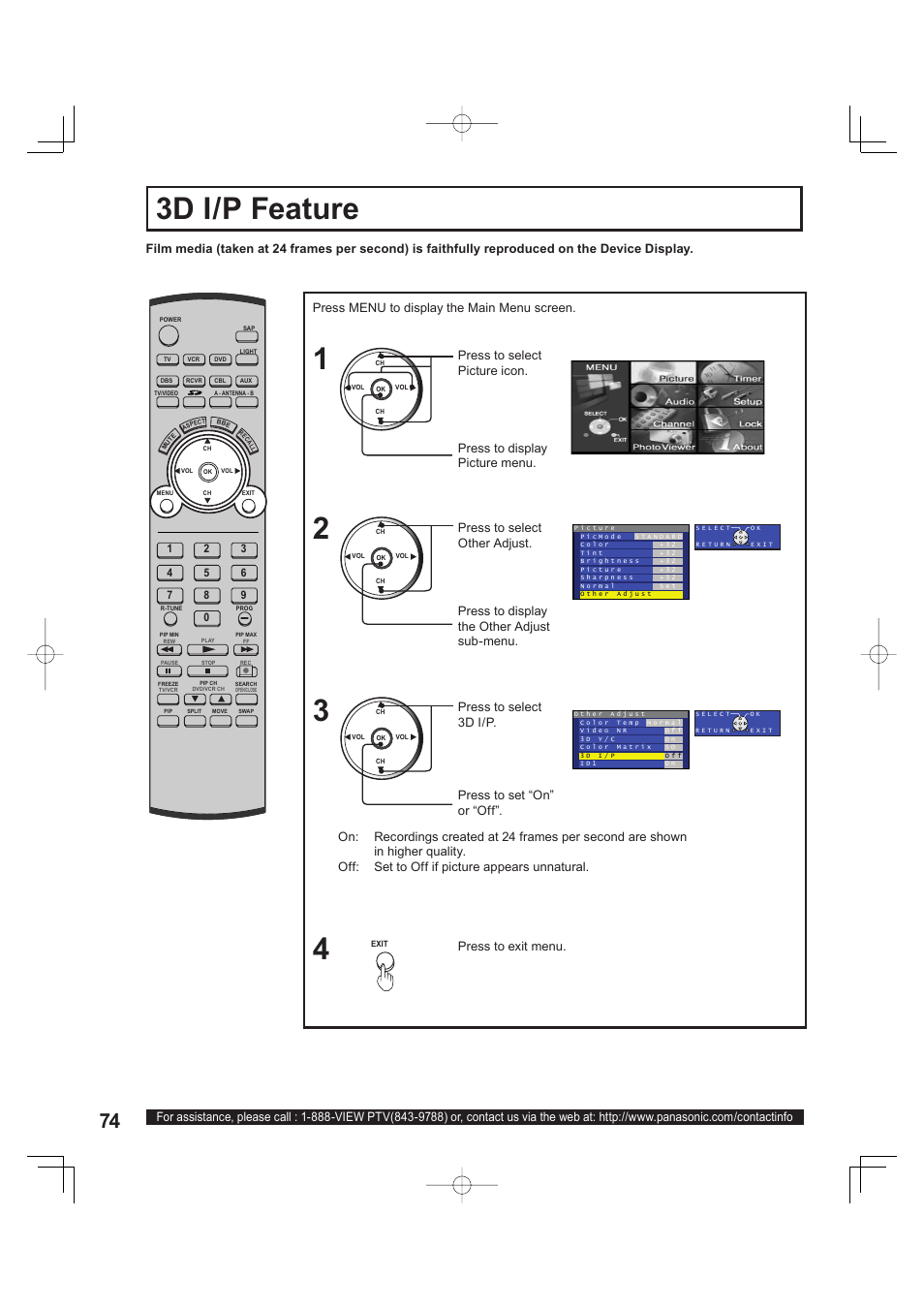 3d i/p feature, Press to display the other adjust sub-menu | Panasonic PT 60LCX63 User Manual | Page 74 / 108