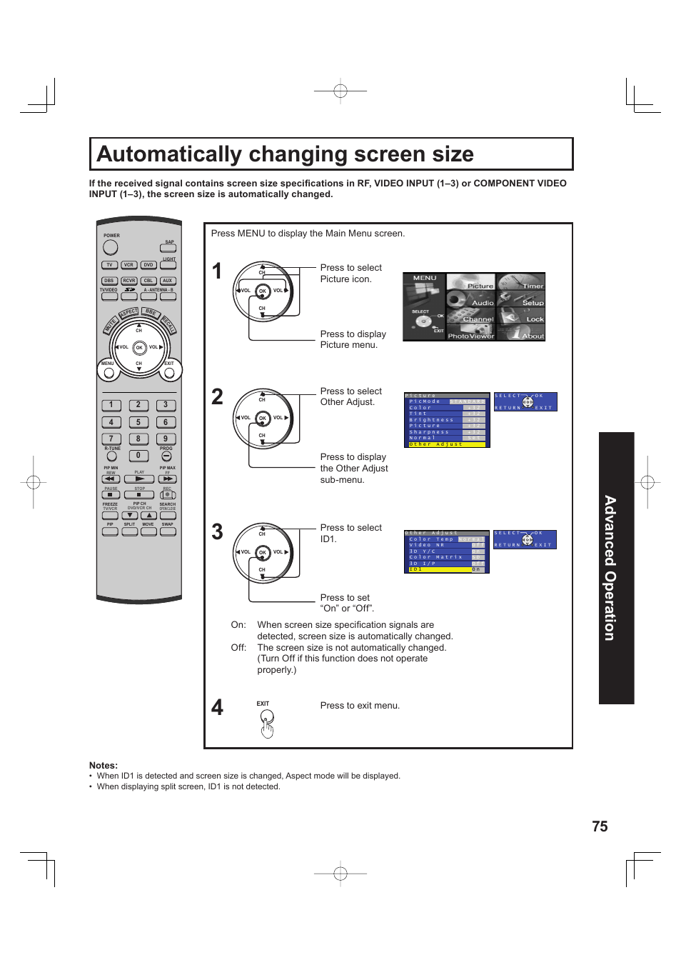 Automatically changing screen size, 75 advanced op er a tion, Press to display the other adjust sub-menu | Panasonic PT 60LCX63 User Manual | Page 75 / 108