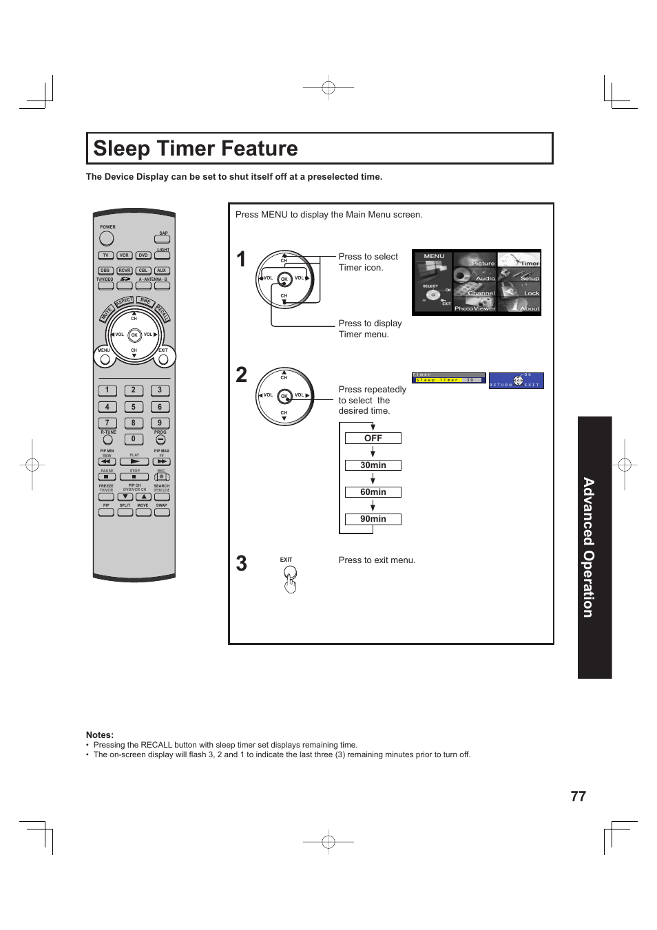 Sleep timer feature, 77 advanced op er a tion, Press to exit menu | Panasonic PT 60LCX63 User Manual | Page 77 / 108