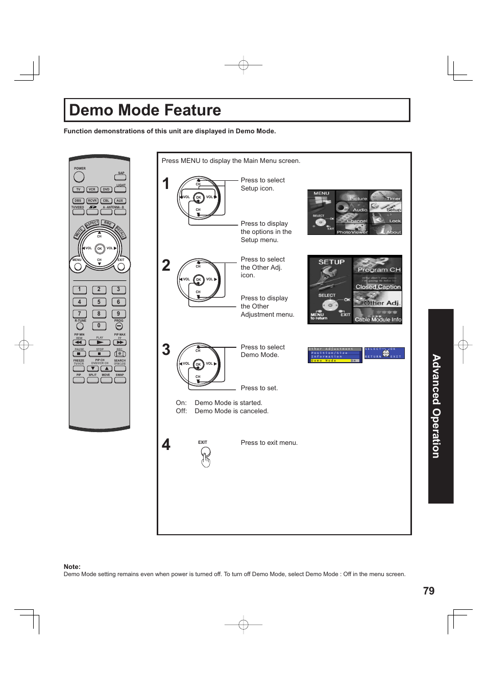 Demo mode feature, 3demo mode feature, 79 advanced op er a tion | Press to exit menu, Press menu to display the main menu screen, Press to set | Panasonic PT 60LCX63 User Manual | Page 79 / 108