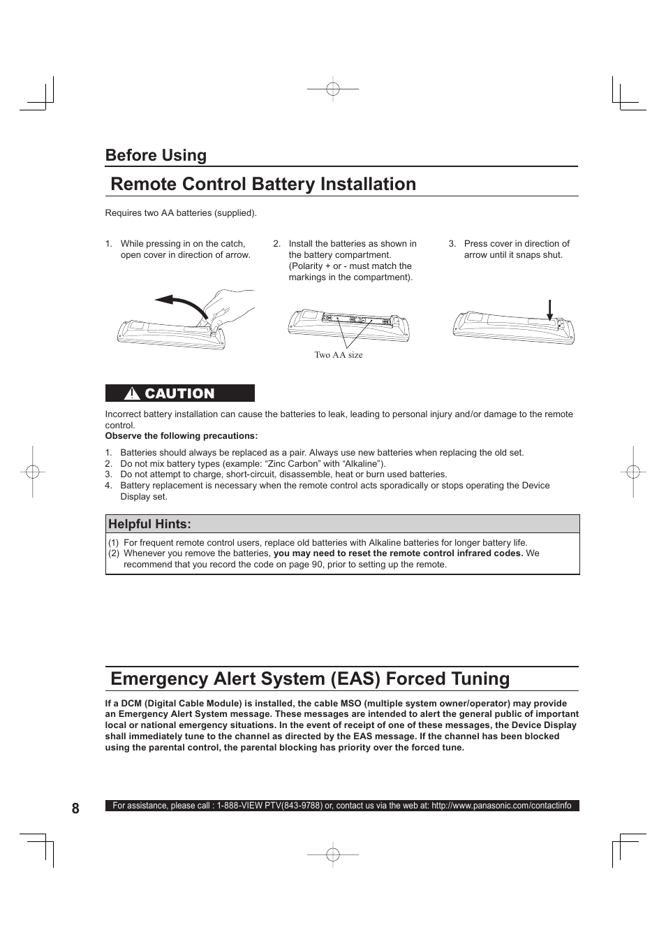 Emergency alert system ( eas) forced tuning, Remote control battery installation, Before using | Caution | Panasonic PT 60LCX63 User Manual | Page 8 / 108
