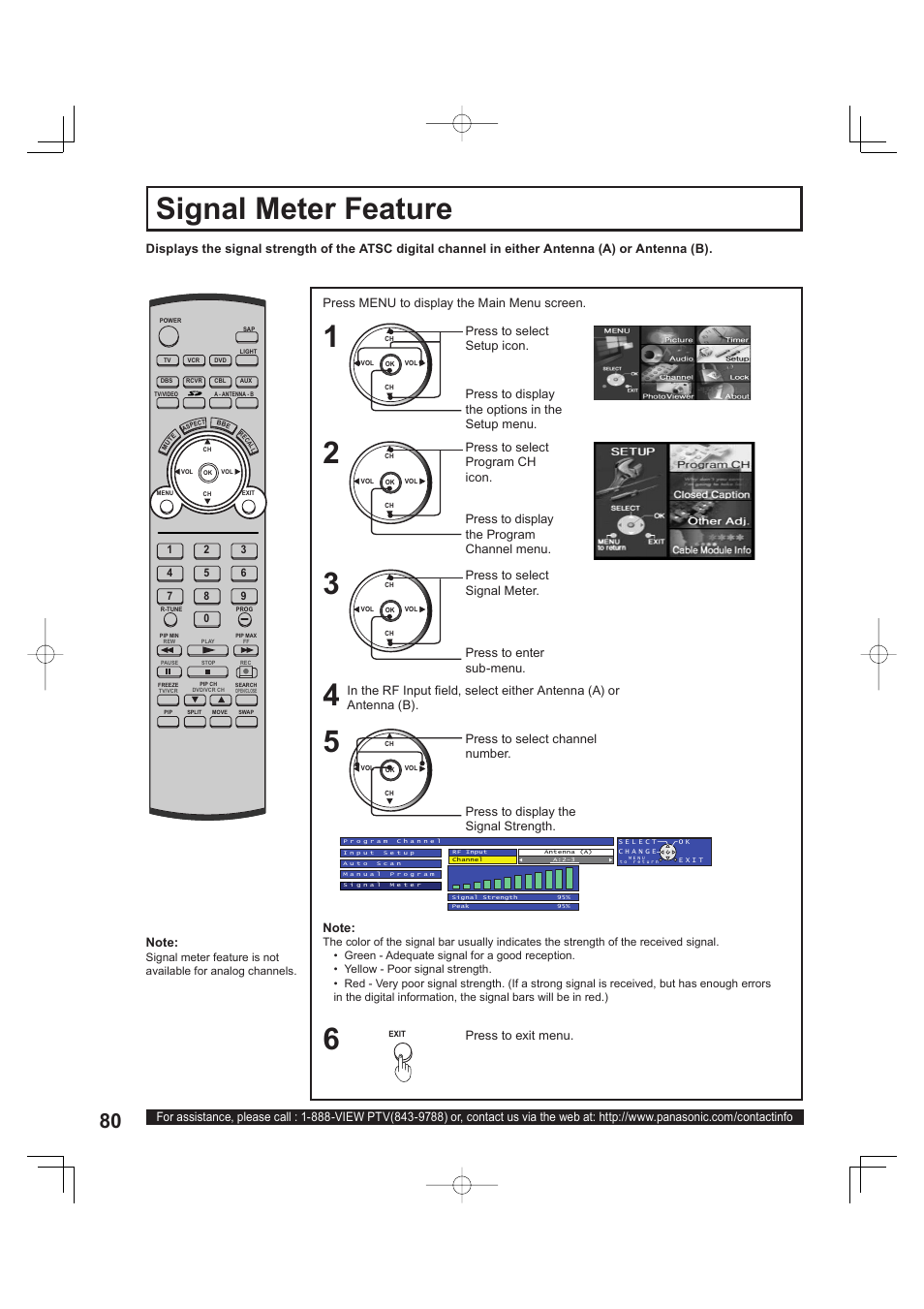 Signal meter feature, 2signal meter feature, Press to exit menu | Panasonic PT 60LCX63 User Manual | Page 80 / 108