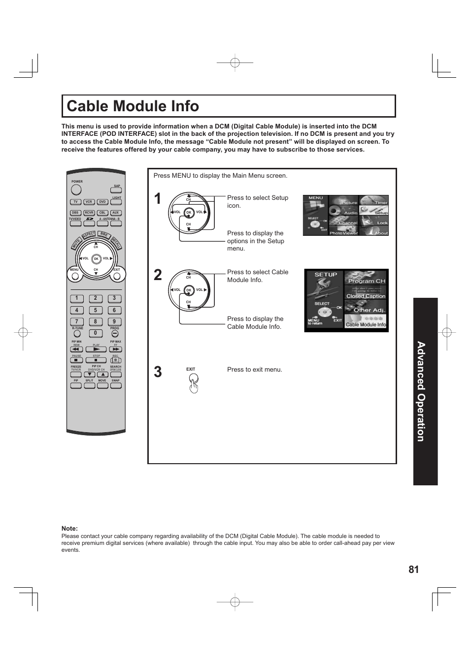 Cable module info, 81 advanced op er a tion, Press to exit menu | Panasonic PT 60LCX63 User Manual | Page 81 / 108