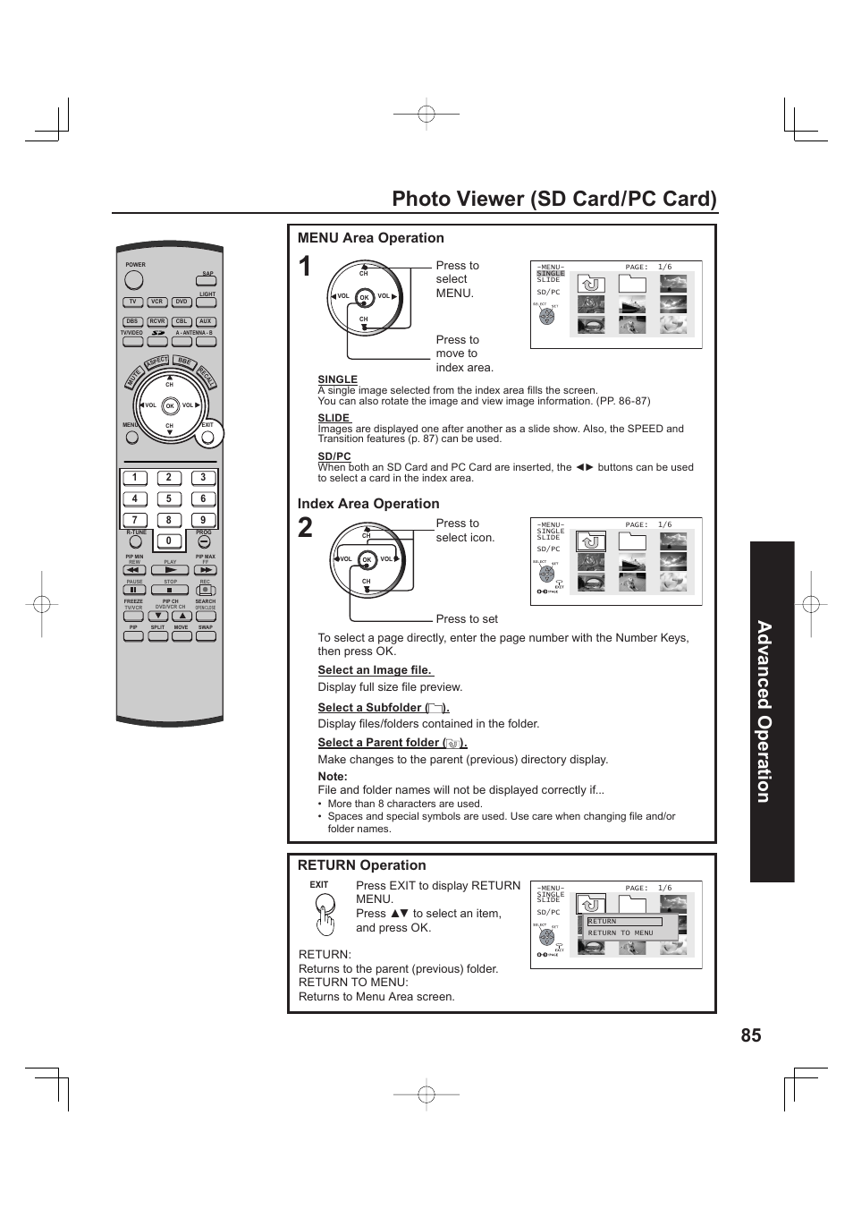 Photo viewer (sd card/pc card), 85 advanced op er a tion, Index area operation | Menu area operation, Return operation | Panasonic PT 60LCX63 User Manual | Page 85 / 108