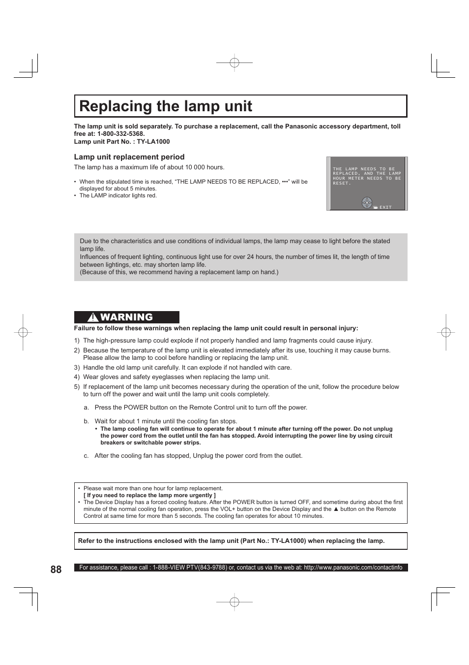 Information, Replacing the lamp unit, Warning | Panasonic PT 60LCX63 User Manual | Page 88 / 108