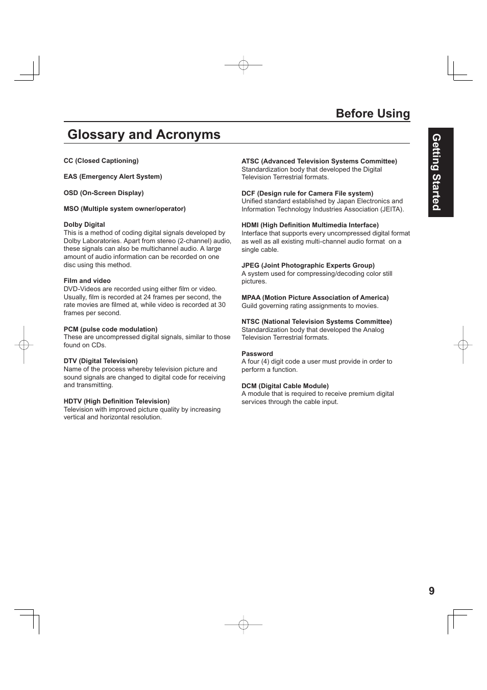 Glossary and acronyms, Before using, 9getting start ed | Panasonic PT 60LCX63 User Manual | Page 9 / 108