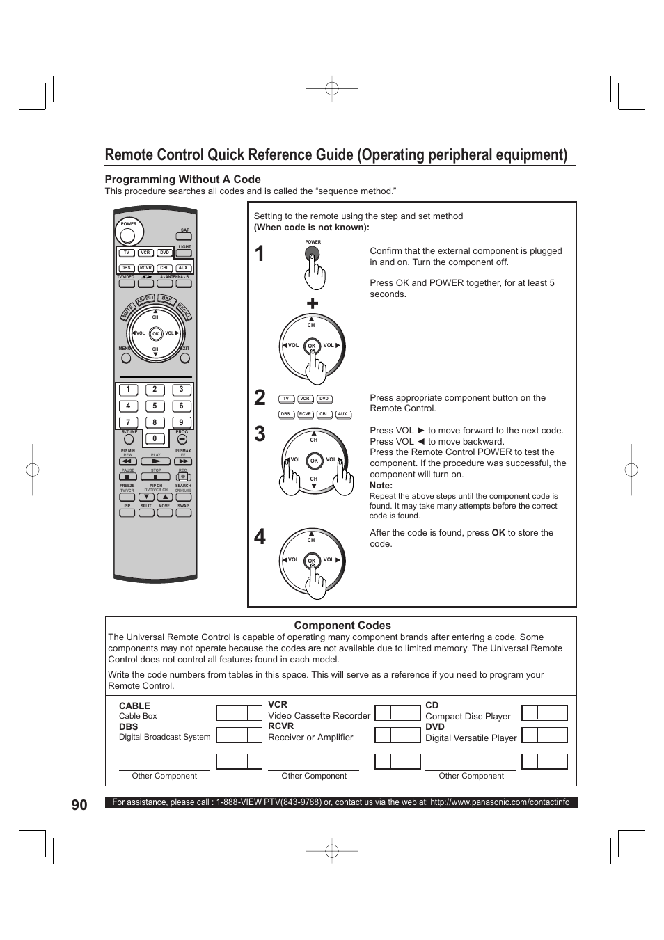 Component codes, Programming without a code | Panasonic PT 60LCX63 User Manual | Page 90 / 108