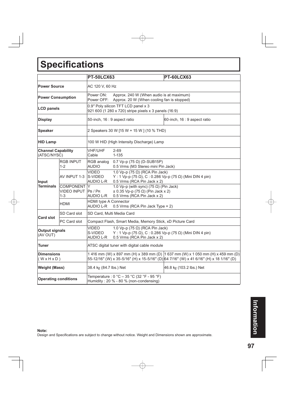 Specifications, Spec i fi ca tions, 97 information | Panasonic PT 60LCX63 User Manual | Page 97 / 108