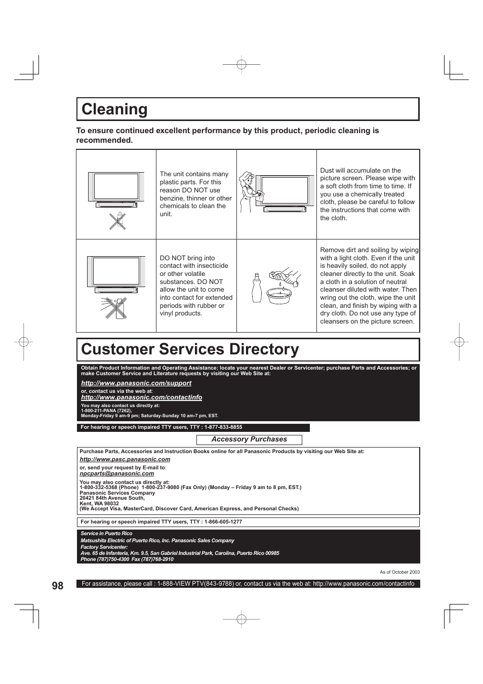 Cleaning, Customer services directory, Clean ing customer services directory | Panasonic PT 60LCX63 User Manual | Page 98 / 108