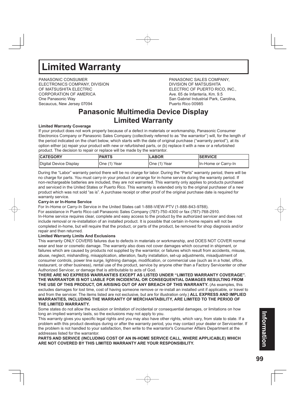 Limited warranty, 99 information | Panasonic PT 60LCX63 User Manual | Page 99 / 108