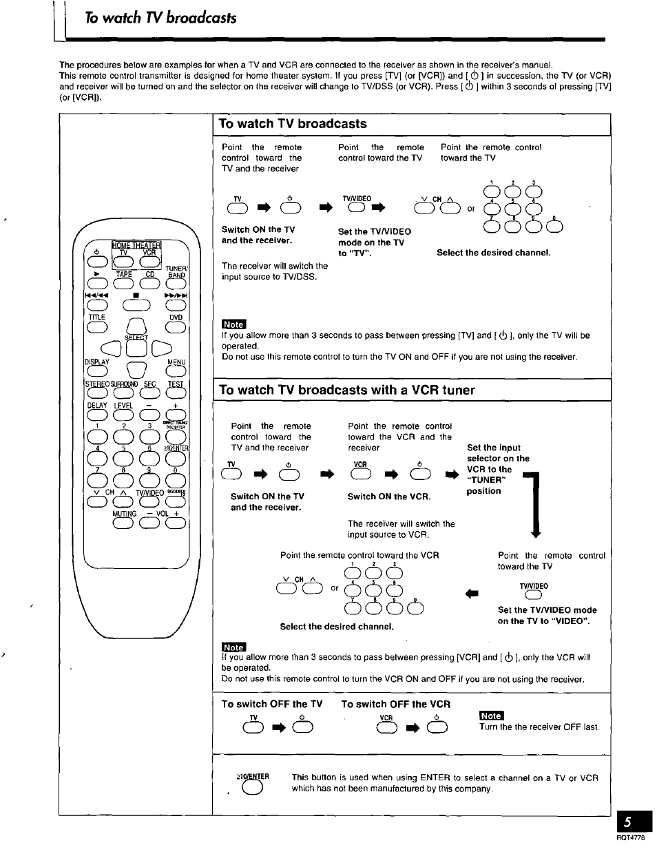 Oooo, To watch tv broadcasts, To watch tv broadcasts with a vcr tuner | To switch off the tv, To switch off the vcr, Бсьсь ббсьб, О о о, Qlo 0, O o o, О о or | Panasonic EUR646494 User Manual | Page 5 / 8