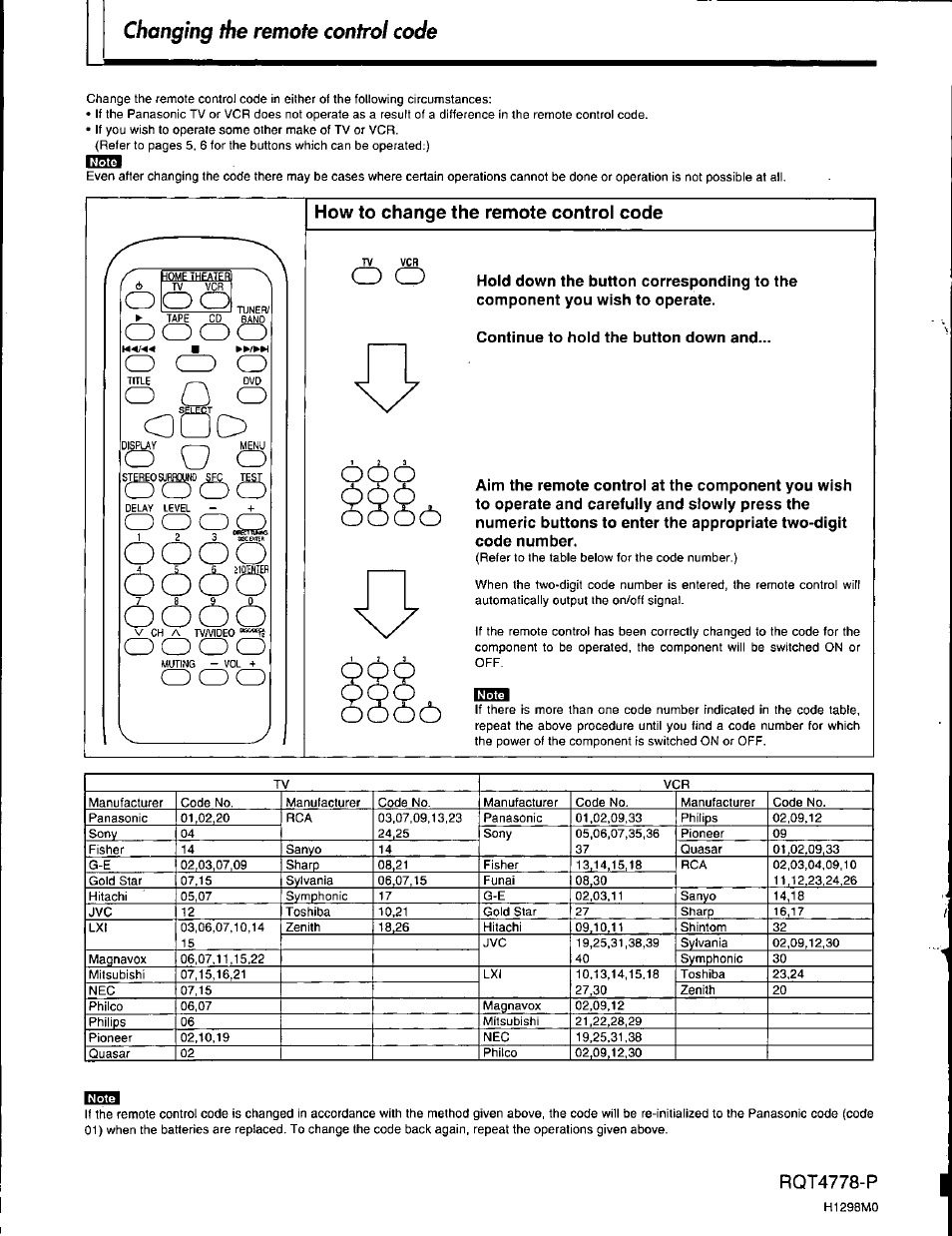 Oooo, How to change the remote control code, Rqt4778-p | O o o, O o o o, Changing the remote control code | Panasonic EUR646494 User Manual | Page 8 / 8