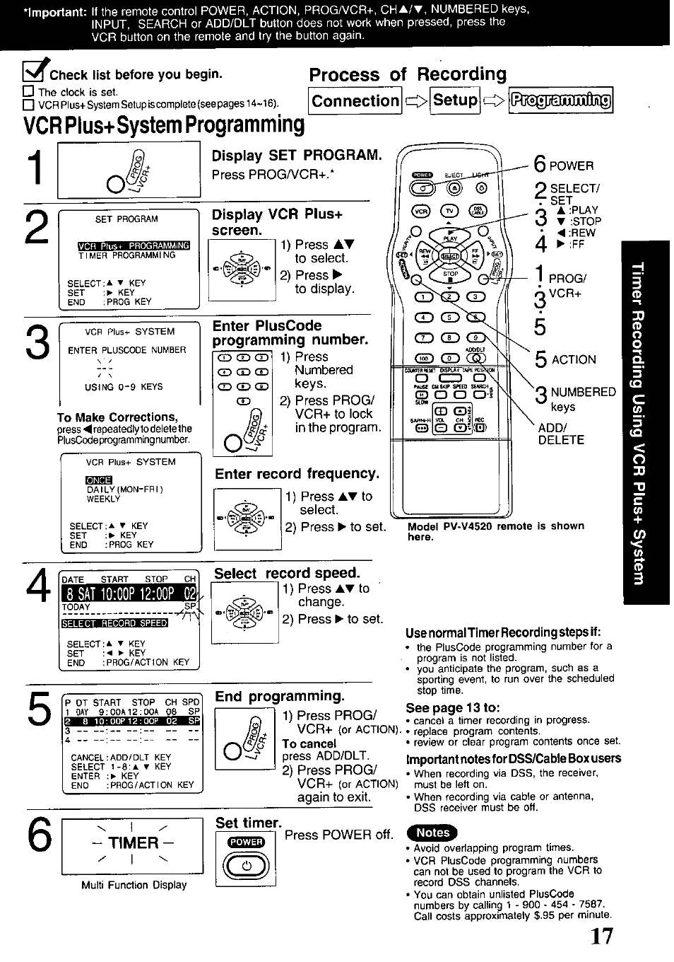 Check list before you begin, Display set program, Display vcr plus+ screen | Enter pluscode programming number, Enter record frequency, Select record speed, End programming, Use normal timer recording steps if, Important notes for dss/cable box users, Vcr plus+system programming | Panasonic PV-V4520 User Manual | Page 17 / 40