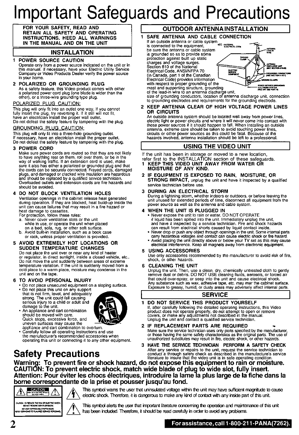Installation, Safety precautions, Outdoor antenna installation | Using the video unit, Service, Cauti, Imela d, Important safeguards and precautions, Service cauti | Panasonic PV-V4520 User Manual | Page 2 / 40