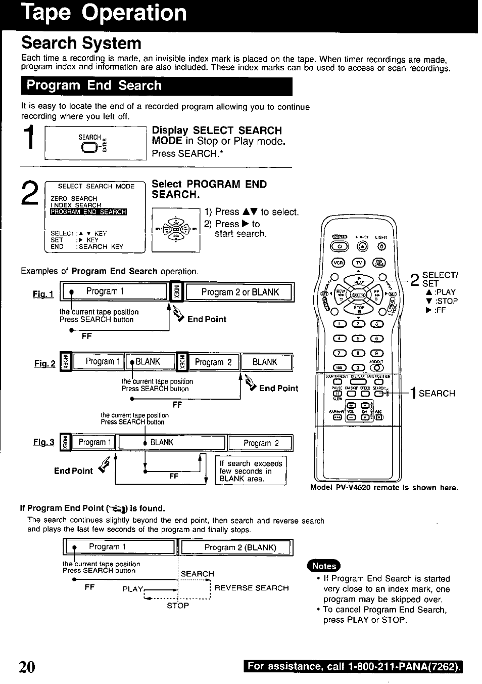 Tape operation, Display select search, Select program end search | End point, Search system | Panasonic PV-V4520 User Manual | Page 20 / 40