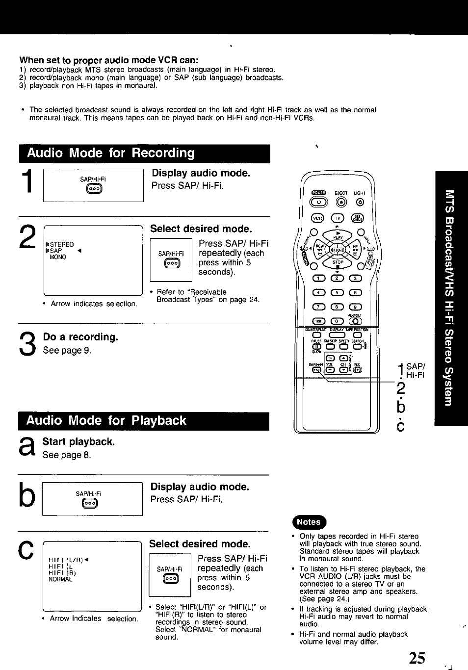 When set to proper audio mode vcr can, Display audio mode, Select desired mode | Do a recording, Start playback | Panasonic PV-V4520 User Manual | Page 25 / 40