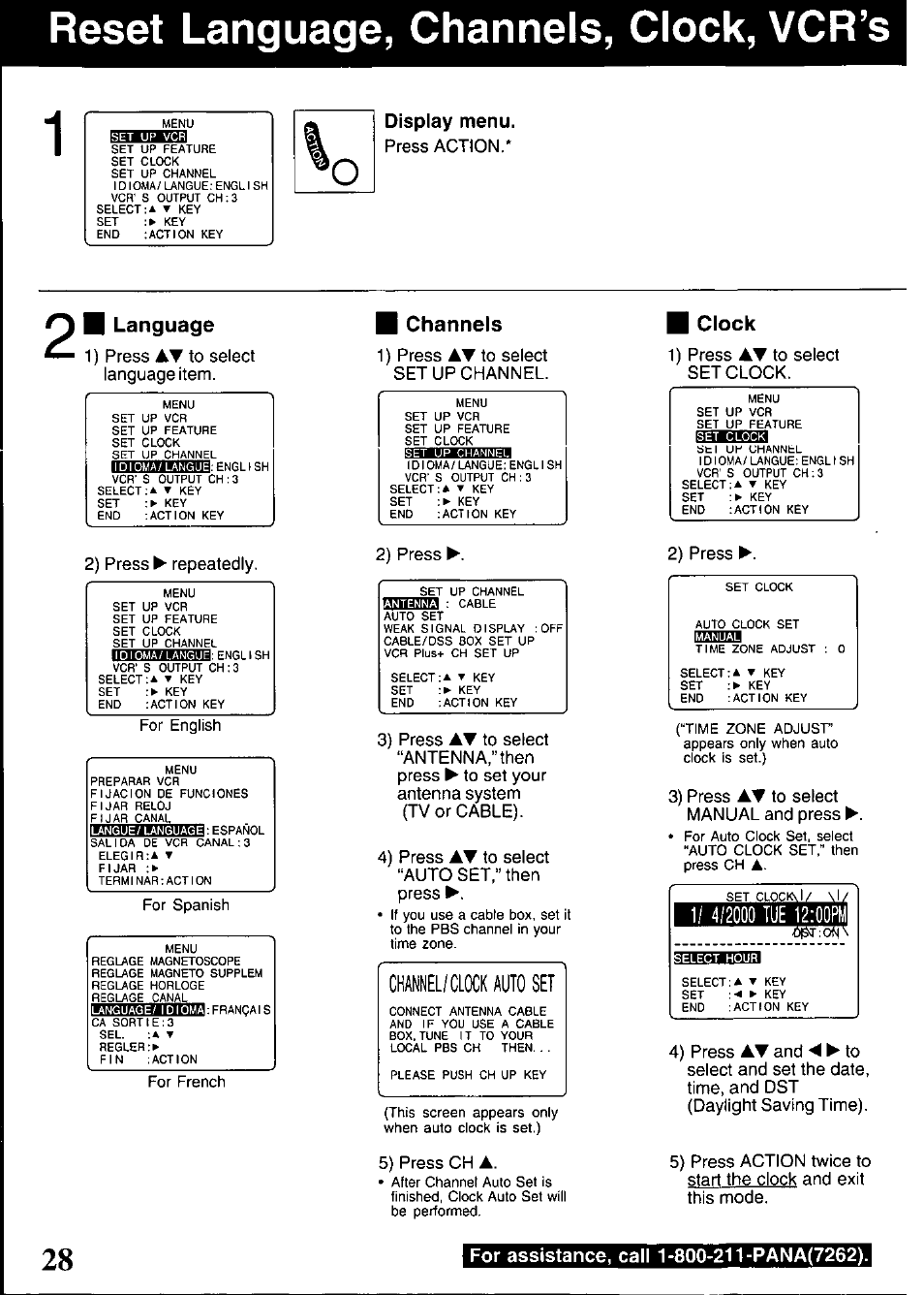 Reset language, channels, clock, vcr’s, Display menu, Chaiel/clock auto set | Language, Channels, I clock | Panasonic PV-V4520 User Manual | Page 28 / 40