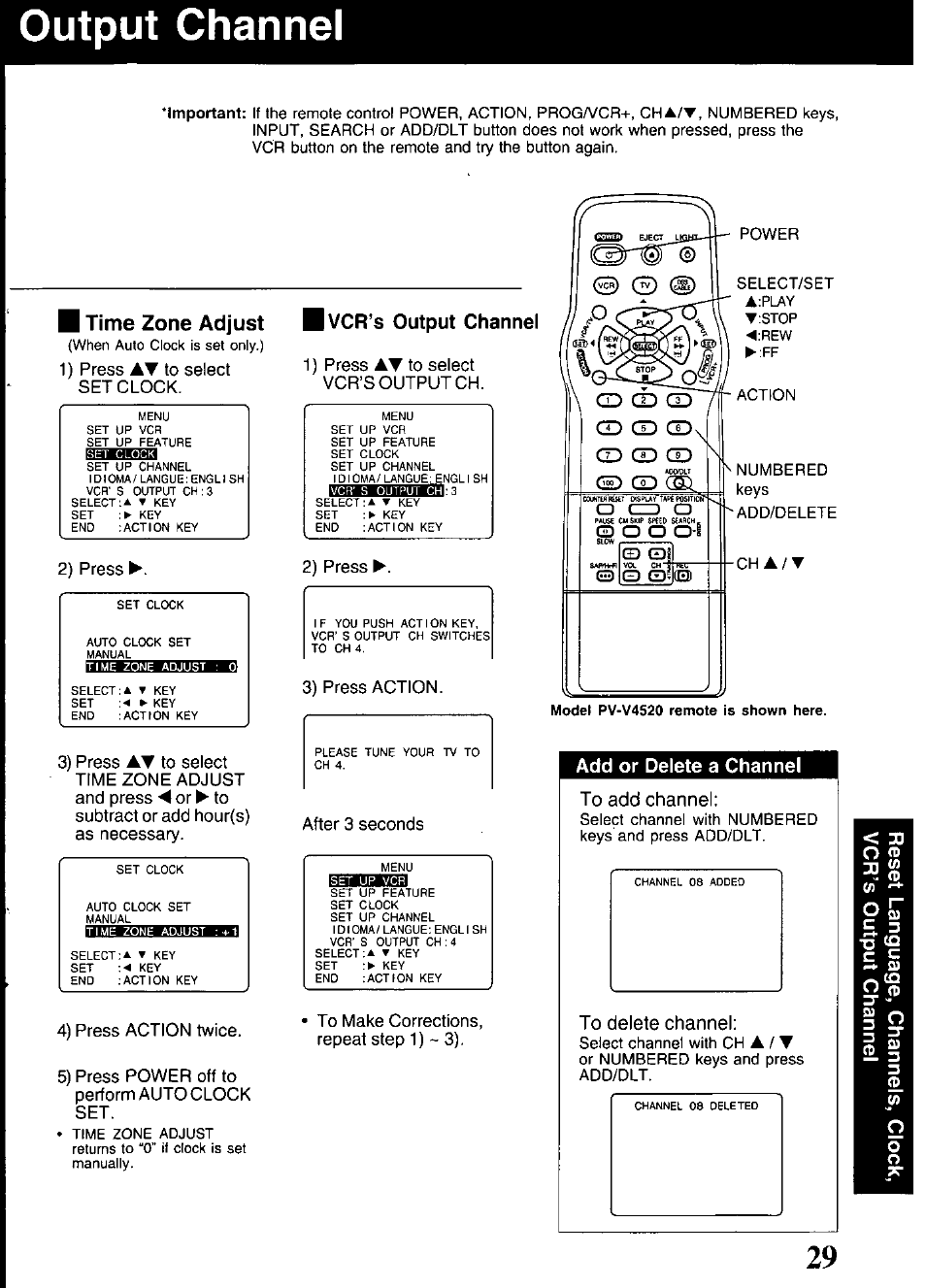 Output channel, B vcr’s output channel, Add or delete a channel | I time zone adjust, Cd 00 cd | Panasonic PV-V4520 User Manual | Page 29 / 40