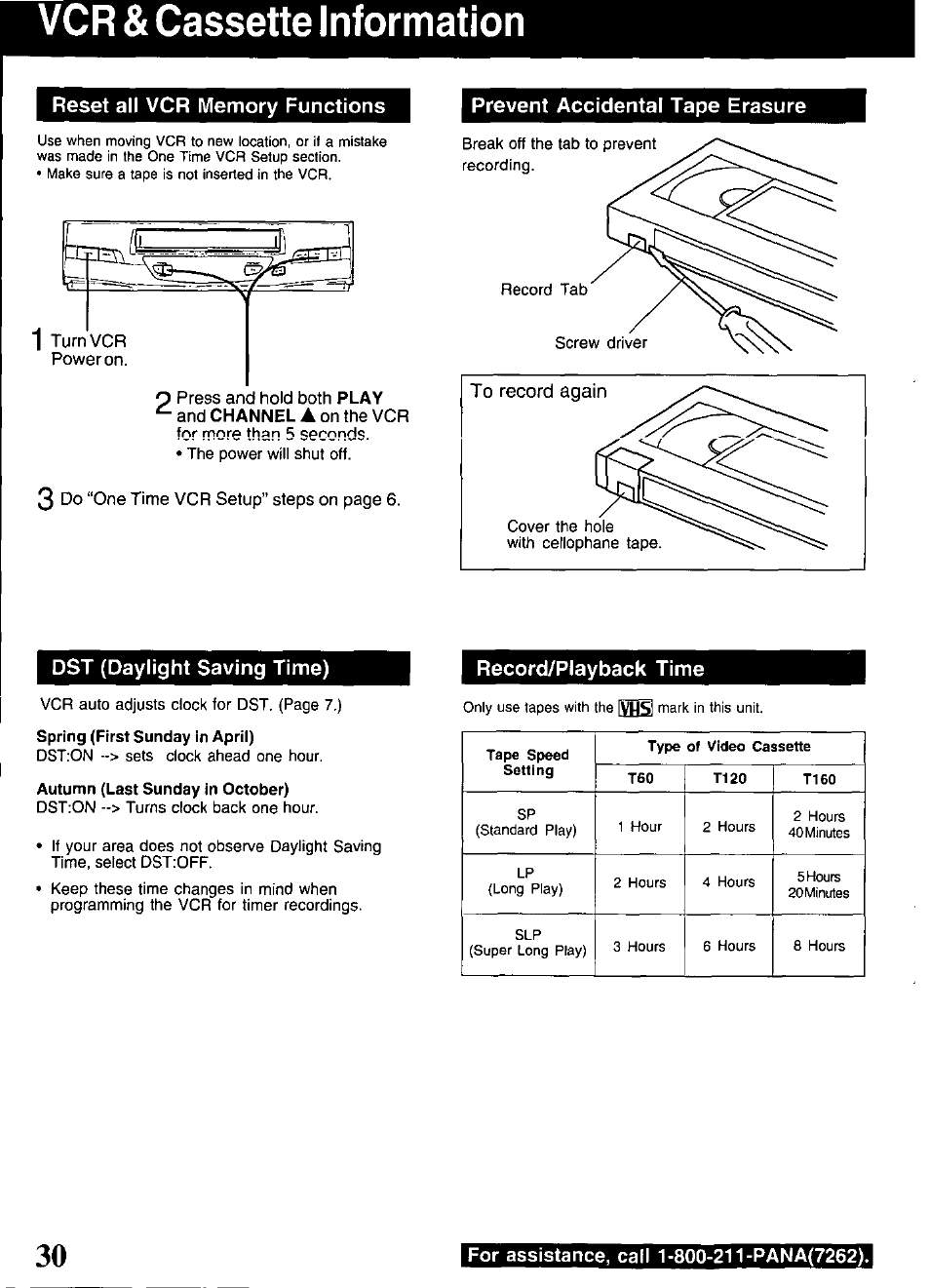 Vcr & cassette information, Reset all vcr memory functions, Prevent accidental tape erasure | Dst (daylight saving time), Spring (first sunday in april), Autumn (last sunday in october), Record/playback time | Panasonic PV-V4520 User Manual | Page 30 / 40