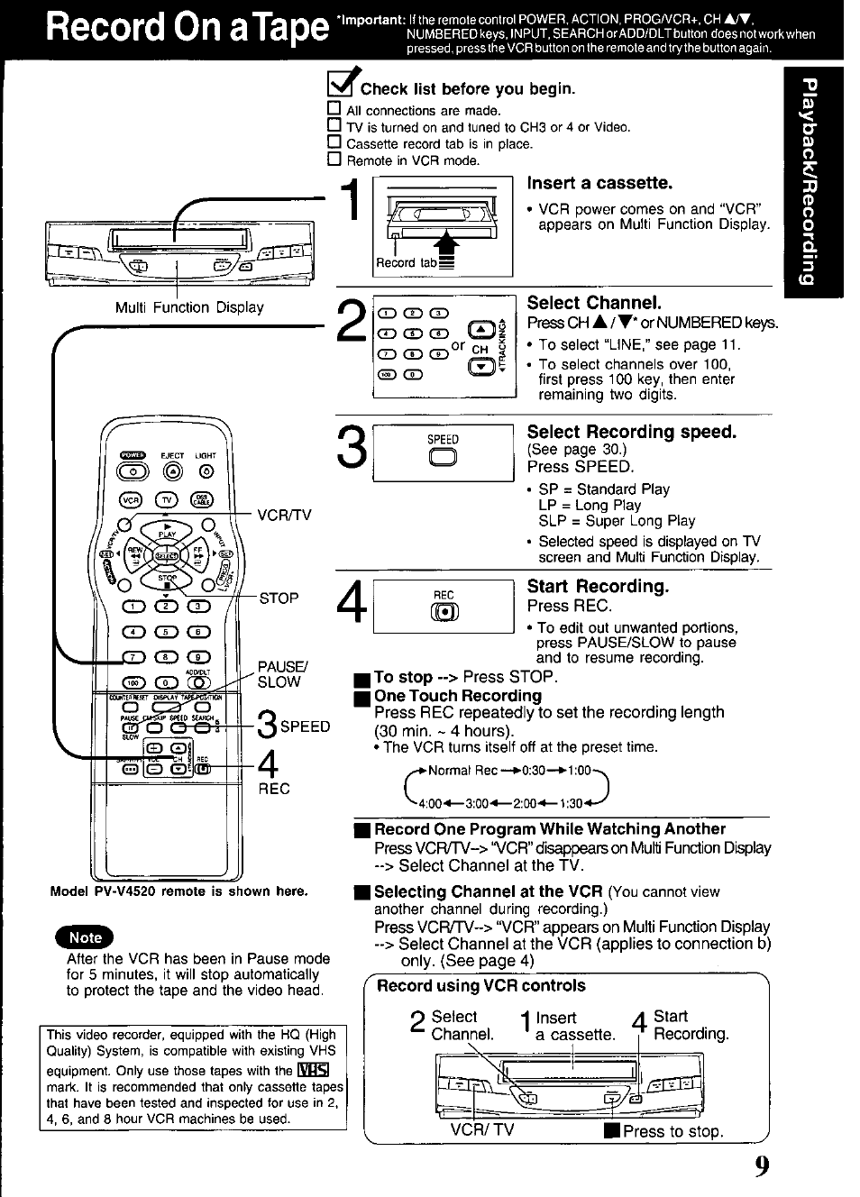 Record on a tape, Insert a cassette, Select channel | Select recording speed, Start recording, I one touch recording, I record one program while watching another, Record using vcr controls, One touch recording | Panasonic PV-V4520 User Manual | Page 9 / 40