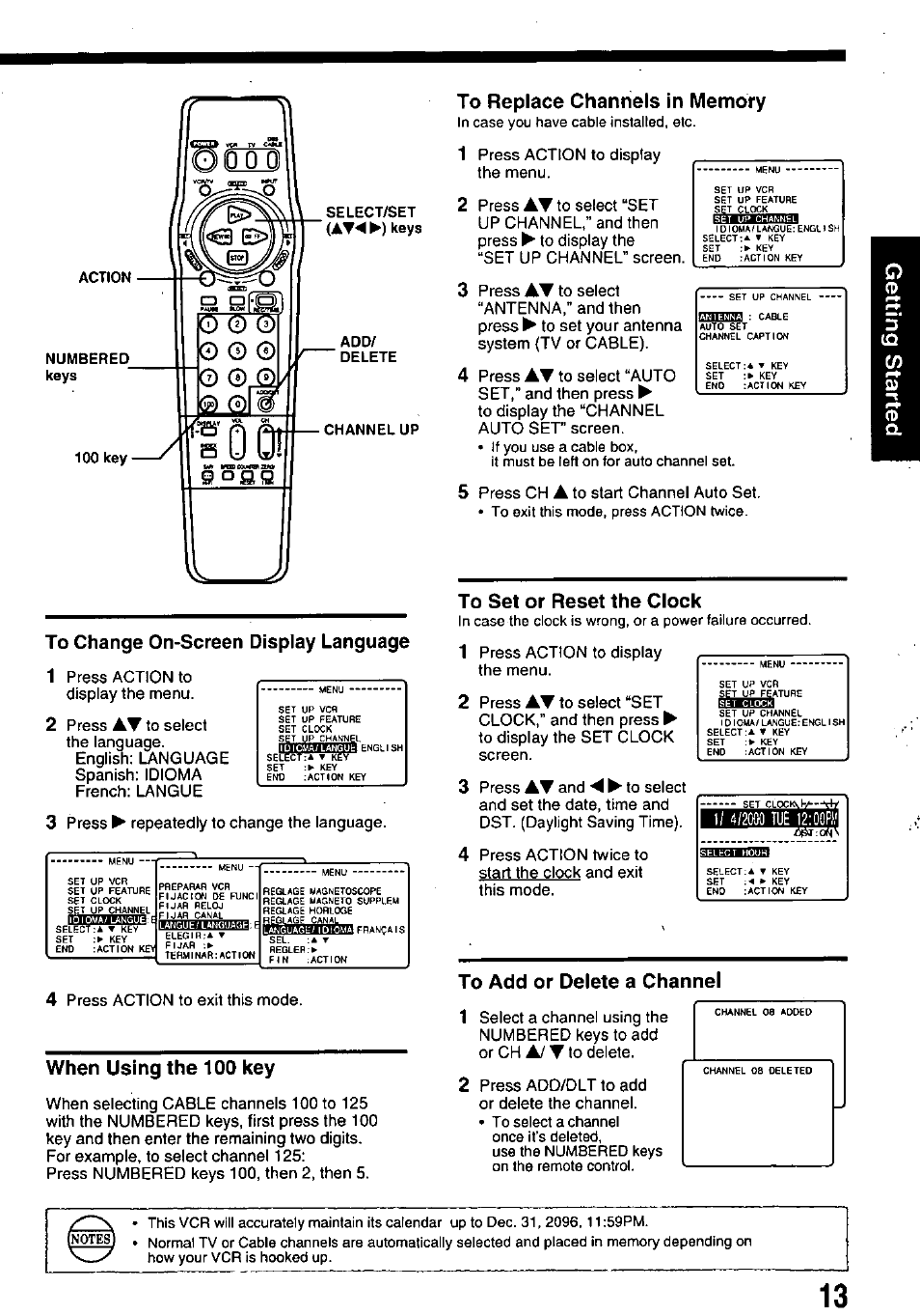 To change on-screen display language, When using the 100 key, To replace channels in memory | To set or reset the clock, To add or delete a channel, 3 press ► repeatedly to change the language, A/ t | Panasonic OMNIVISION PV-8453 User Manual | Page 13 / 36