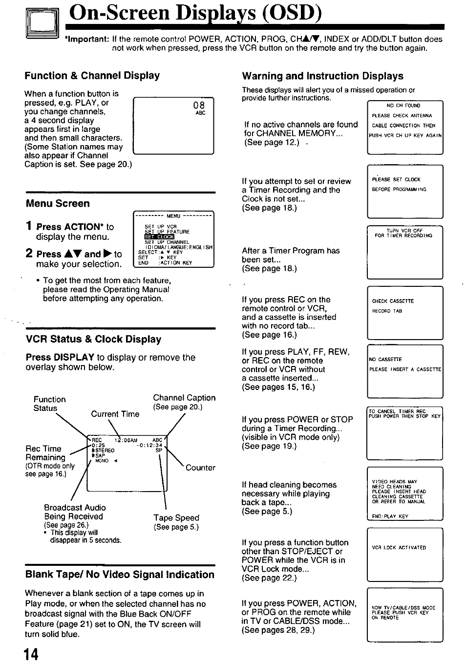 Function & channel display, Menu screen, 1 press action* to | Vcr status & clock display, Blank tape/ no video signal indication, Warning and instruction displays, 1 press action, 2 press, Press display | Panasonic OMNIVISION PV-8453 User Manual | Page 14 / 36