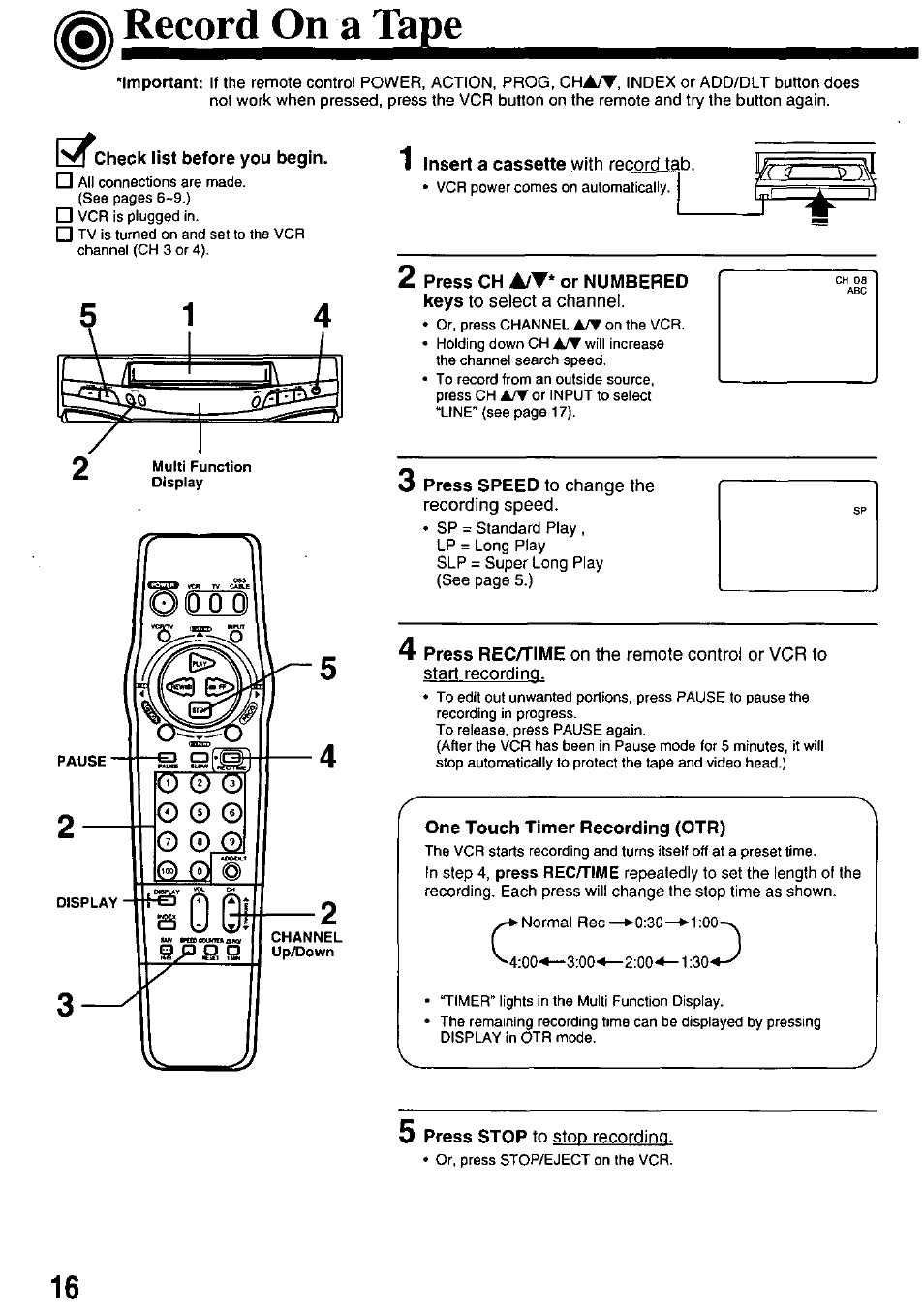 Record on a tape, In^check list before you begin, One touch timer recording (otr) | One touch recording (otr), Insert a cassette, Press ch a/t* or numbered keys, Press speed, Press rec/time, Press stop | Panasonic OMNIVISION PV-8453 User Manual | Page 16 / 36