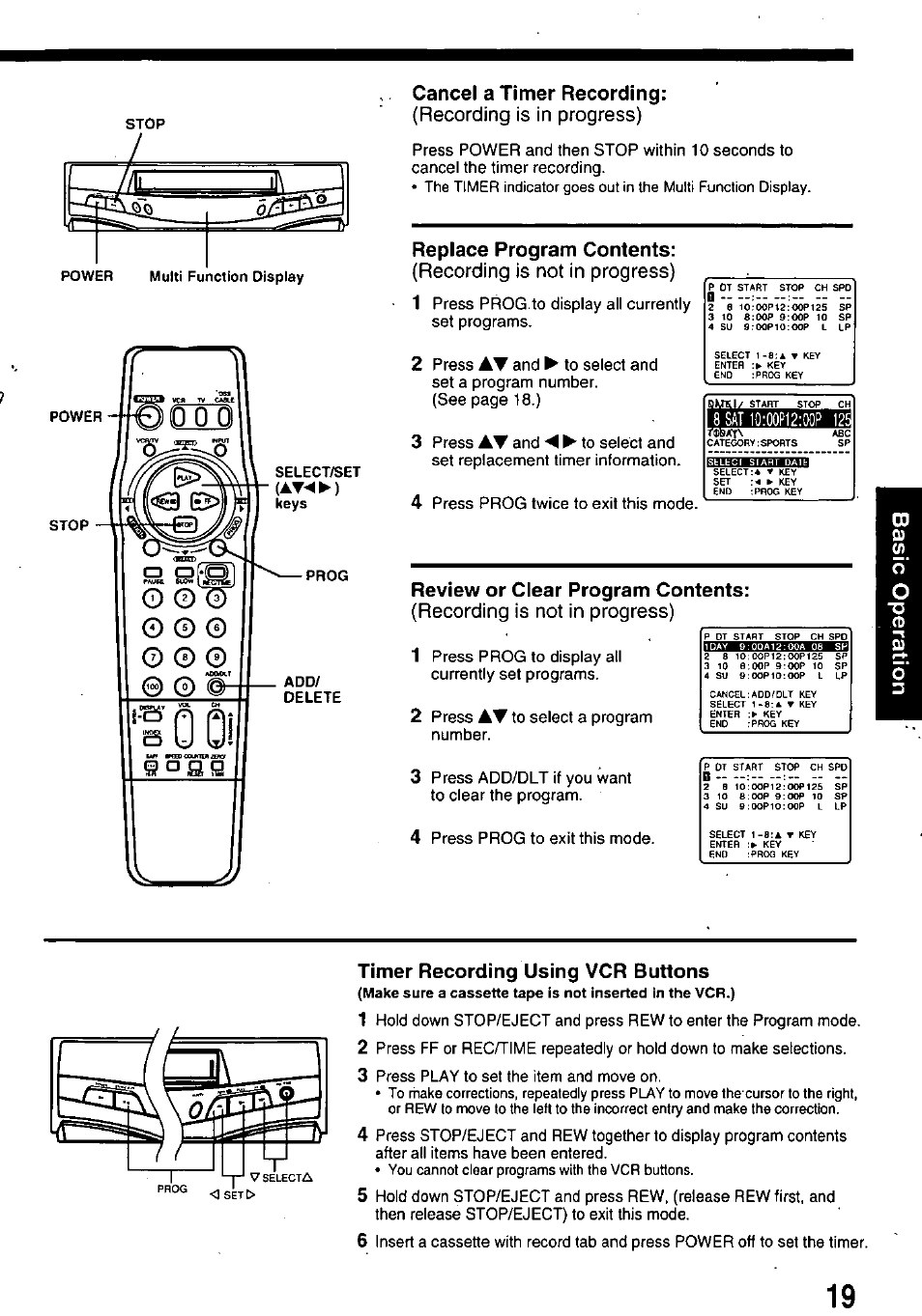 Cancel a timer recording, Recording is in progress), Replace program contents | Recording is not in progress), Review or clear program contents, Timer recording using vcr buttons | Panasonic OMNIVISION PV-8453 User Manual | Page 19 / 36