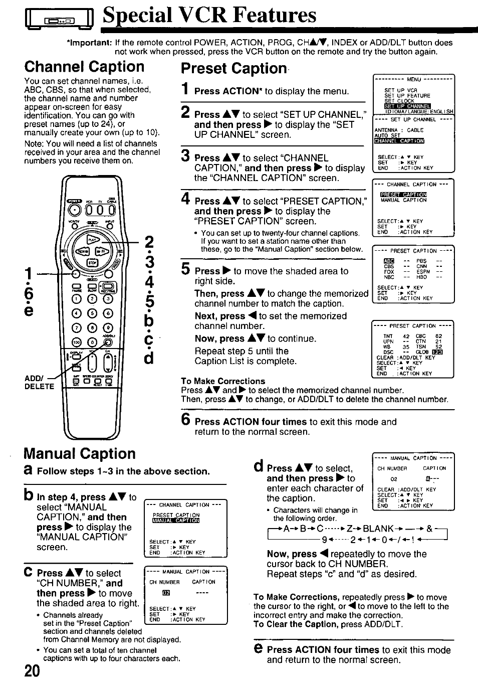 Spccial vcr fcaturcs, Channel caption, Preset caption | Press, And then press, Then, press, Next, press, Now, press, Press action four times, Ch number,” and then press | Panasonic OMNIVISION PV-8453 User Manual | Page 20 / 36