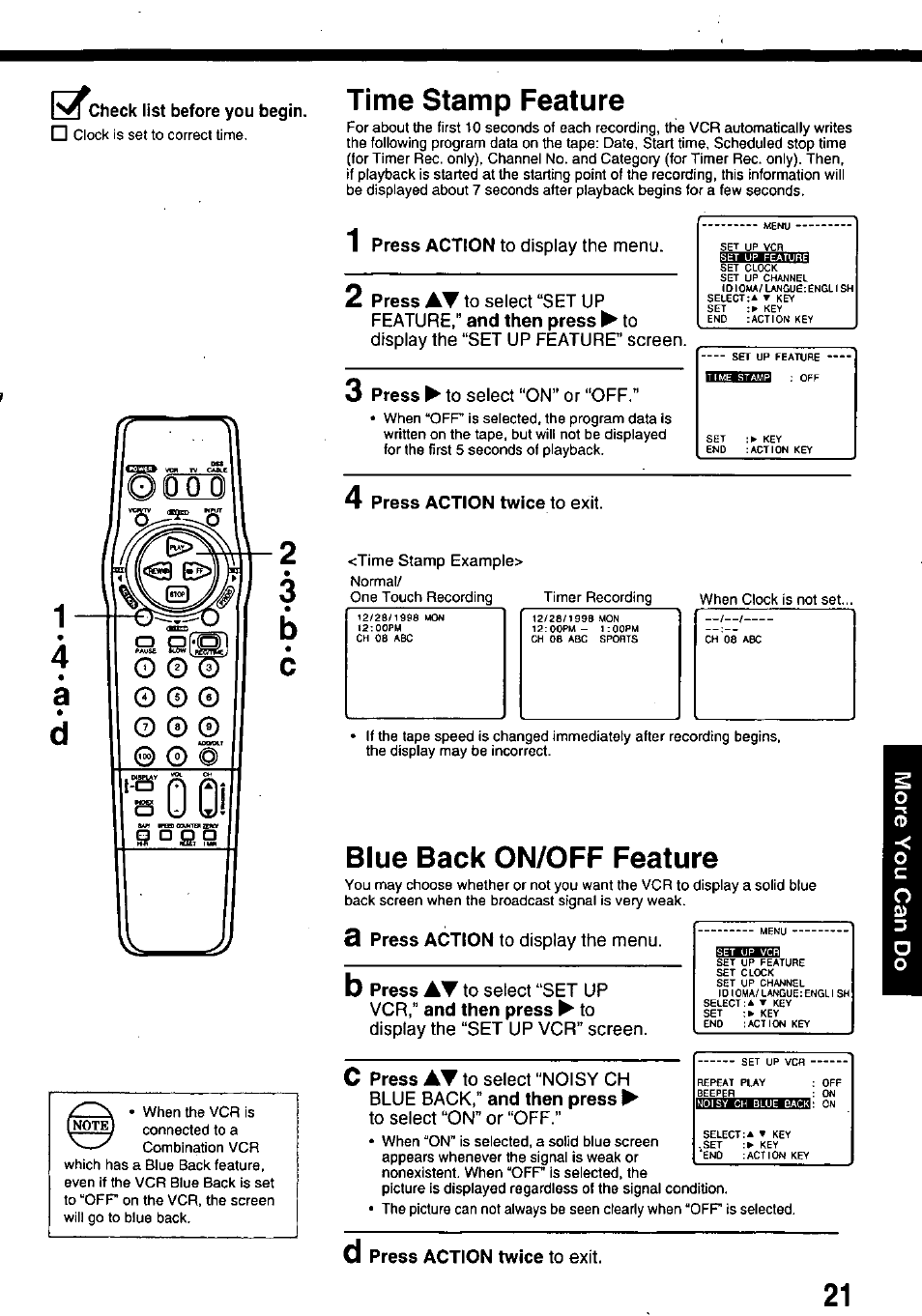 Check list before you begin, Press action twice to exit, Time stamp feature | Blue back on/off feature, Press action, Press, And then press, Press action twice, 3 press action, B press | Panasonic OMNIVISION PV-8453 User Manual | Page 21 / 36