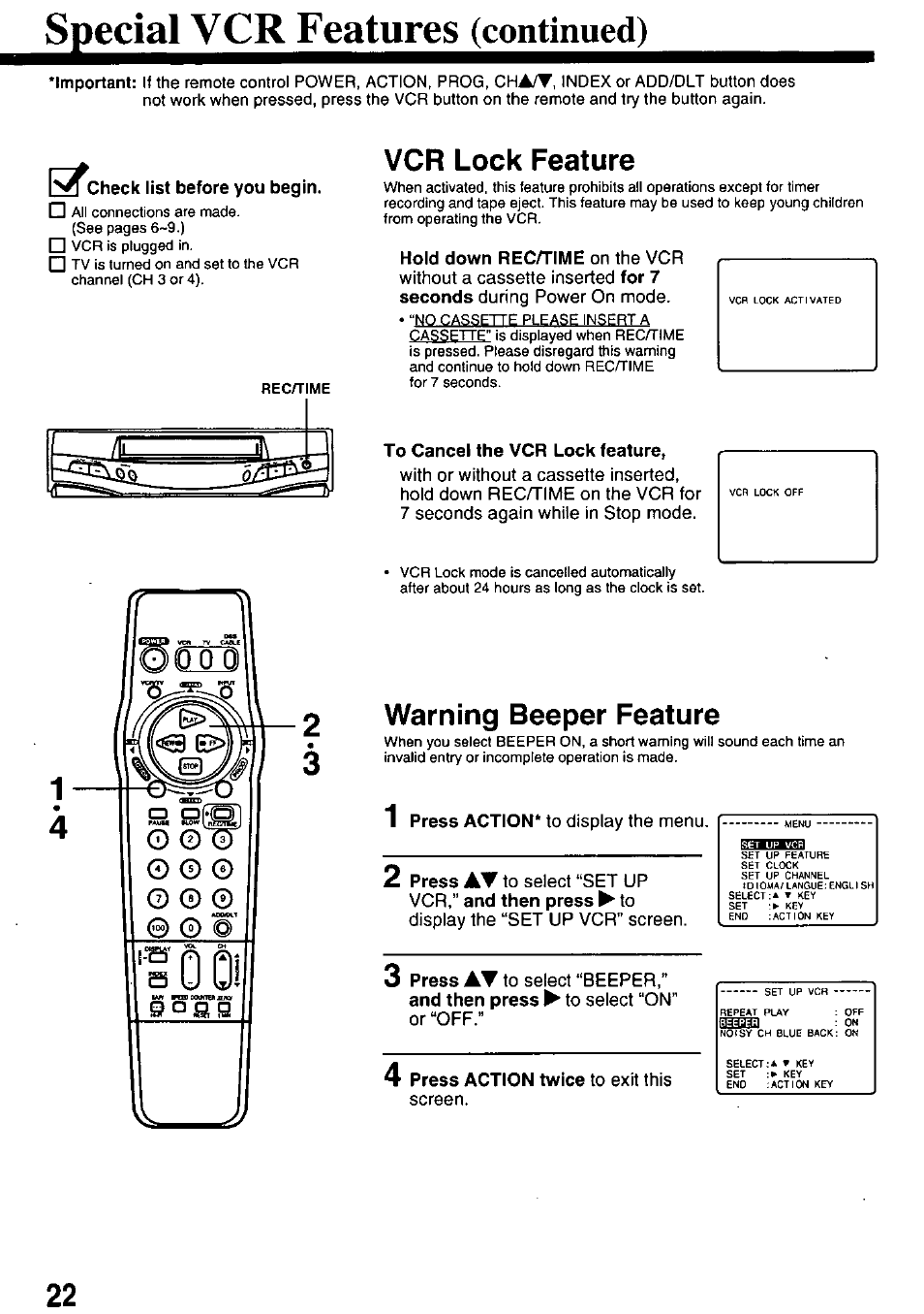 Special vcr features (continued), I^^check list before you begin, To cancel the vcr lock feature | Vcr lock feature, Warning beeper feature, Hold down rec/time, For 7 seconds, Press action, Press, And then press | Panasonic OMNIVISION PV-8453 User Manual | Page 22 / 36