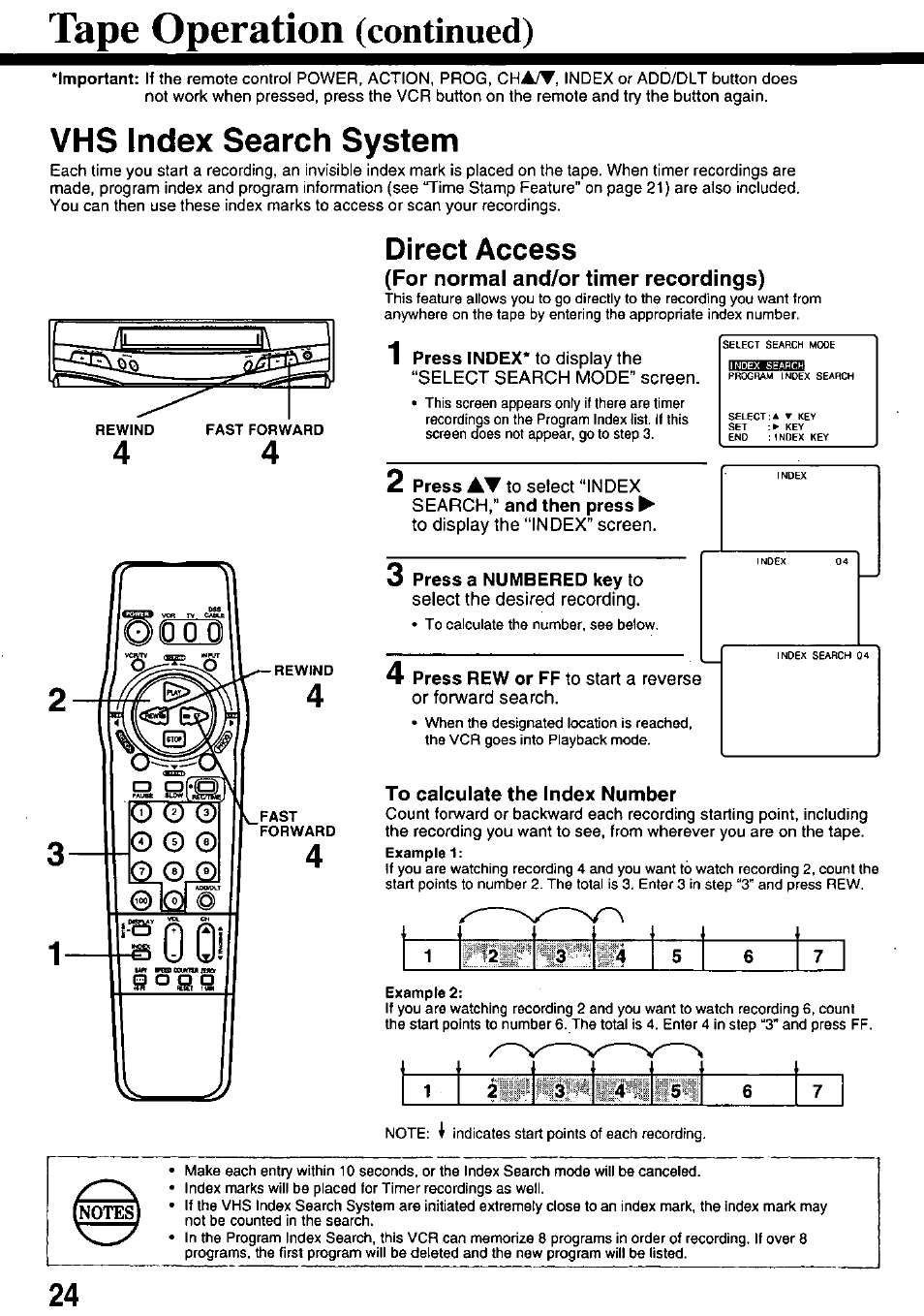 For normal and/or timer recordings), 3 press a numbered key to, To calculate the index number | Vms index search system, Tape operation (continued), Direct access | Panasonic OMNIVISION PV-8453 User Manual | Page 24 / 36