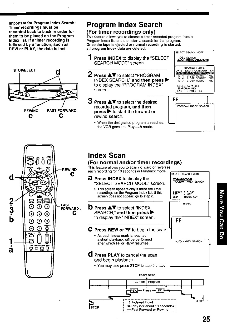 For timer recordings only), For normal and/or timer recordings), Program index search | Index scan, Press index, Press, And then press, Press rew or ff, Press play | Panasonic OMNIVISION PV-8453 User Manual | Page 25 / 36