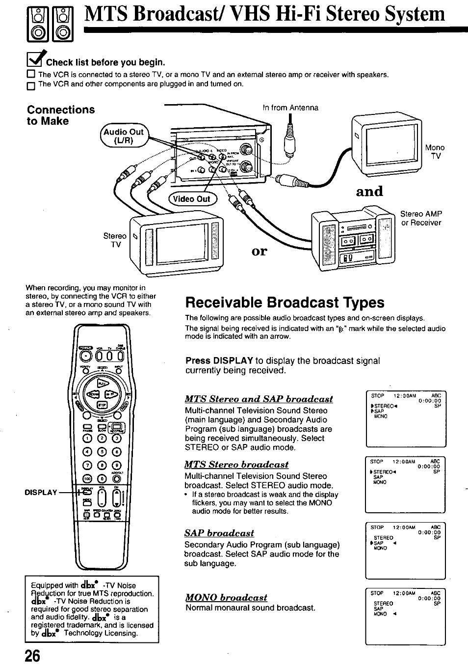 Check list before you begin, Connections to make, Toll m ts broadcast/ vhs hi-fi stereo system | Receivable broadcast types, Press display, Mts stereo and sap broadcast, Stereo broadcast, Sap broadcast, Broadcast | Panasonic OMNIVISION PV-8453 User Manual | Page 26 / 36