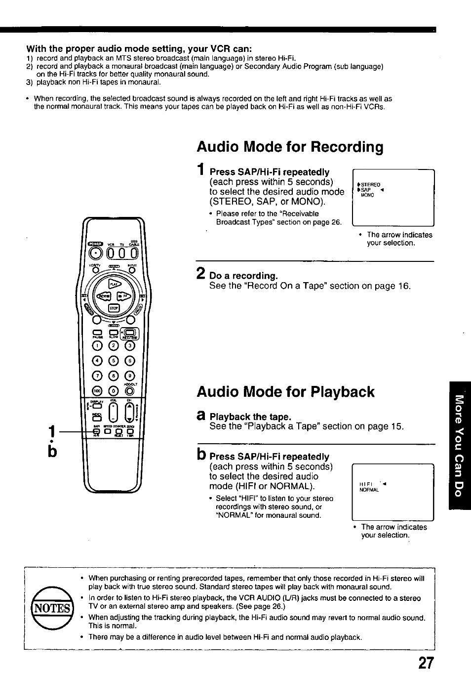 With the proper audio mode setting, your vcr can, Press sap/hi-fi repeatedly, 2 do a recording | A playback the tape, Audio mode for recording, Audio mode for playback, Do a recording | Panasonic OMNIVISION PV-8453 User Manual | Page 27 / 36