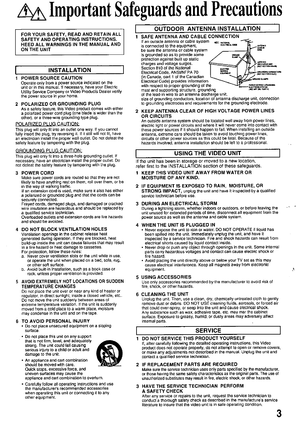 Installation, Outdoor antenna installation, Using the video unit | Service, Important safeguards and precautions | Panasonic OMNIVISION PV-8453 User Manual | Page 3 / 36