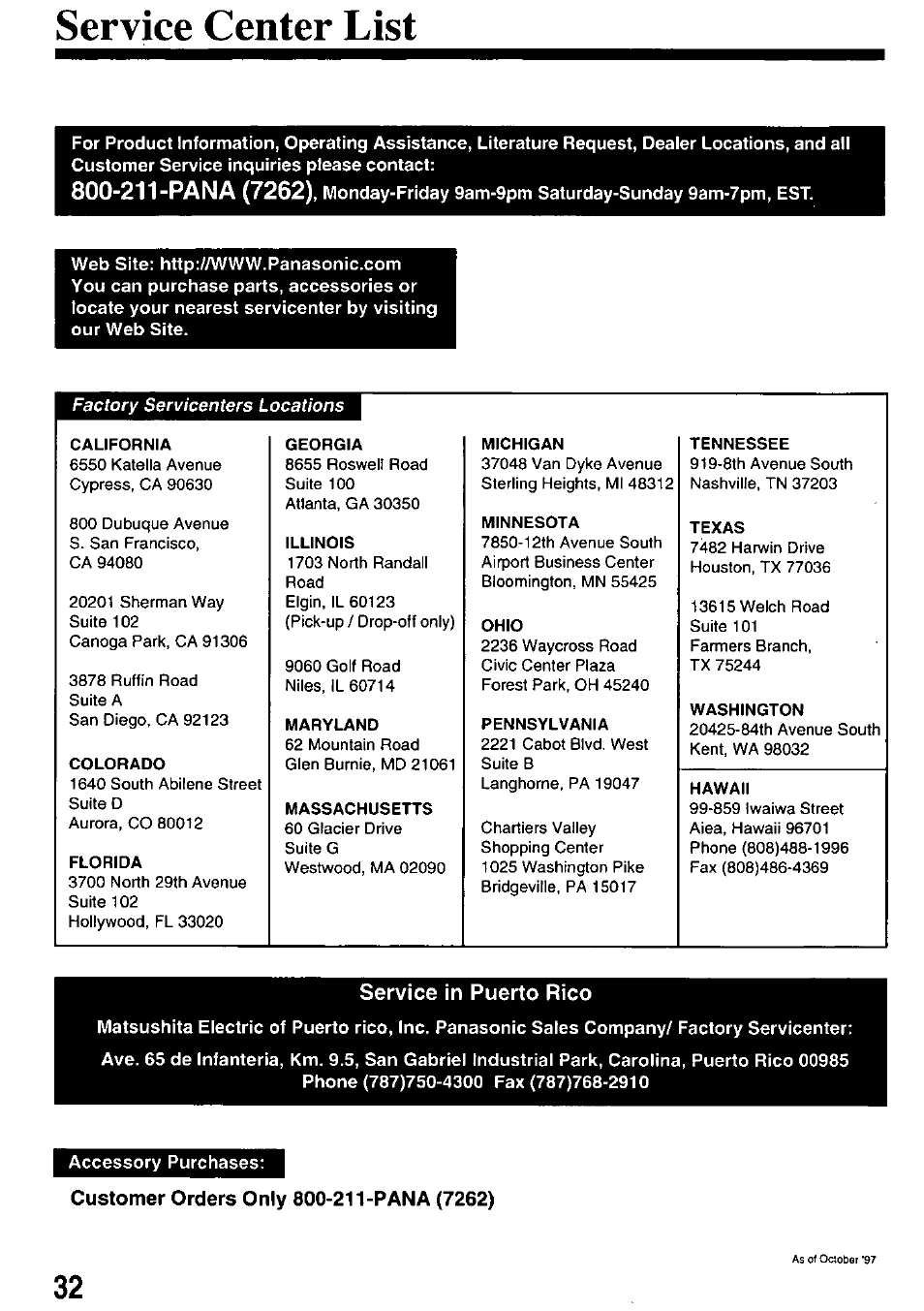 Service center list, Service in puerto rico, Accessory purchases | Customer orders only 800-211-pana (7262), Factory servicenters locations | Panasonic OMNIVISION PV-8453 User Manual | Page 32 / 36