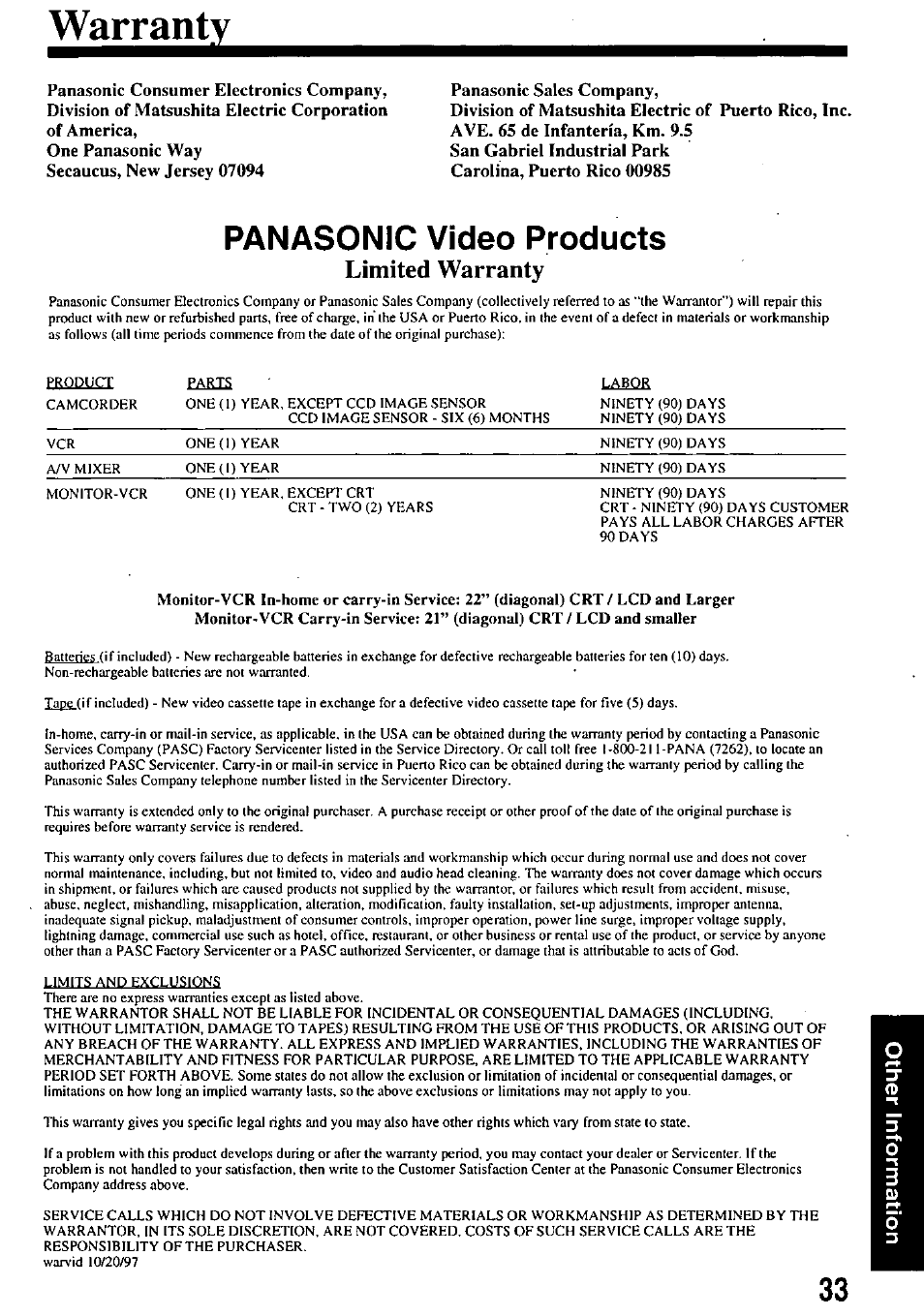 Warranty, Limited warranty, Panasonic video products | W arranty | Panasonic OMNIVISION PV-8453 User Manual | Page 33 / 36