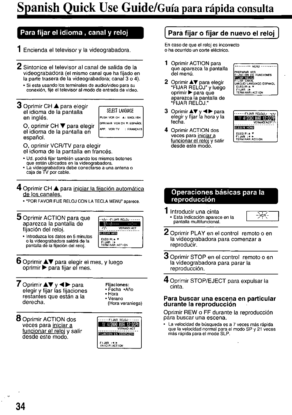 Para fijar el idioma , canal y reloj, Para buscar una escena en particular, Durante la reproducción | Spanish quick use guide/guia, Para rápida consulta, Para fijar o fijar de nuevo el reloj, Operaciones básicas para la reproducción | Panasonic OMNIVISION PV-8453 User Manual | Page 34 / 36