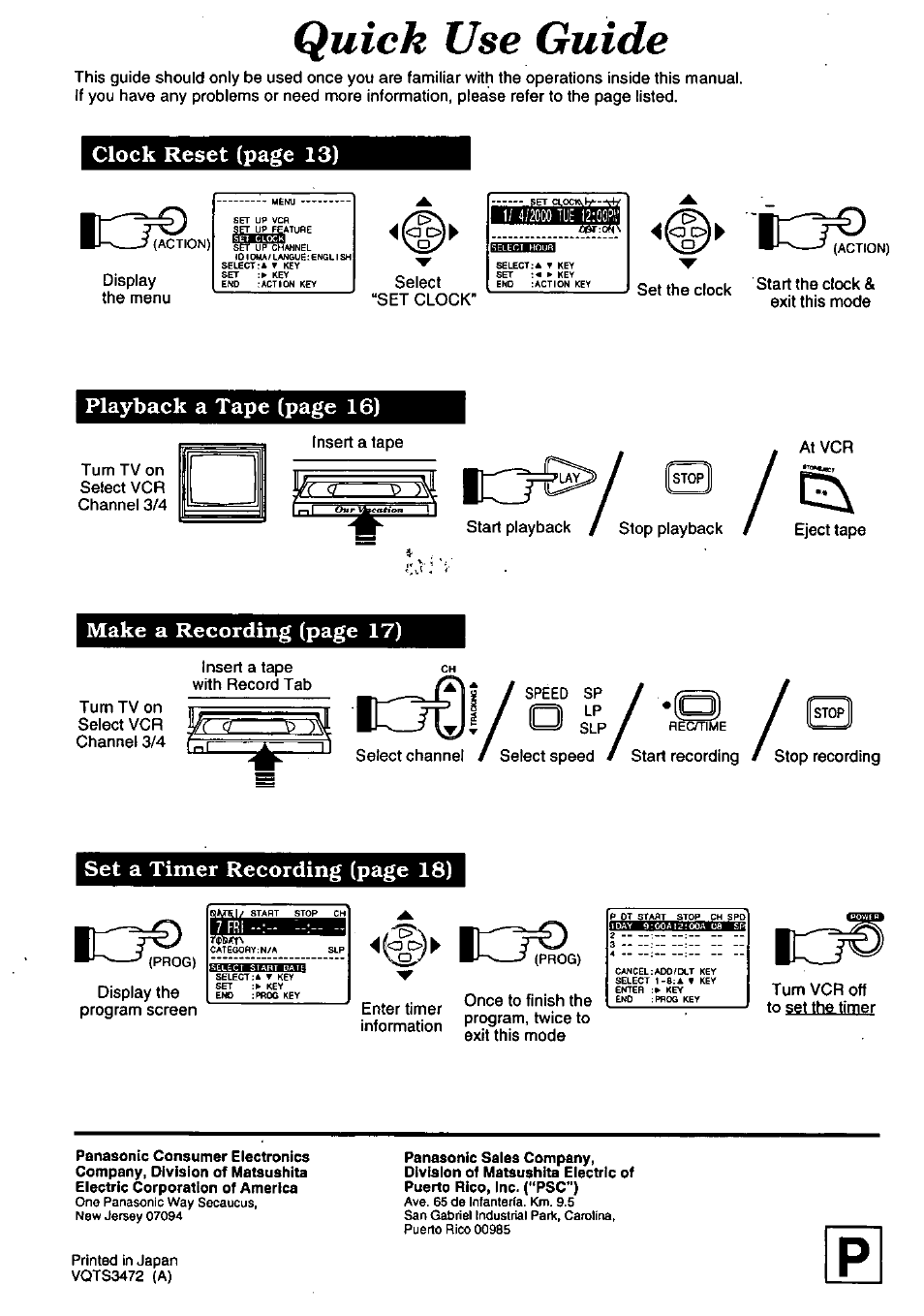 Flbetssi, Quick use guide, Clock reset (page 13) | Playback a tape (page 16), Make a recording (page 17), Set a timer recording (page 18) | Panasonic OMNIVISION PV-8453 User Manual | Page 36 / 36