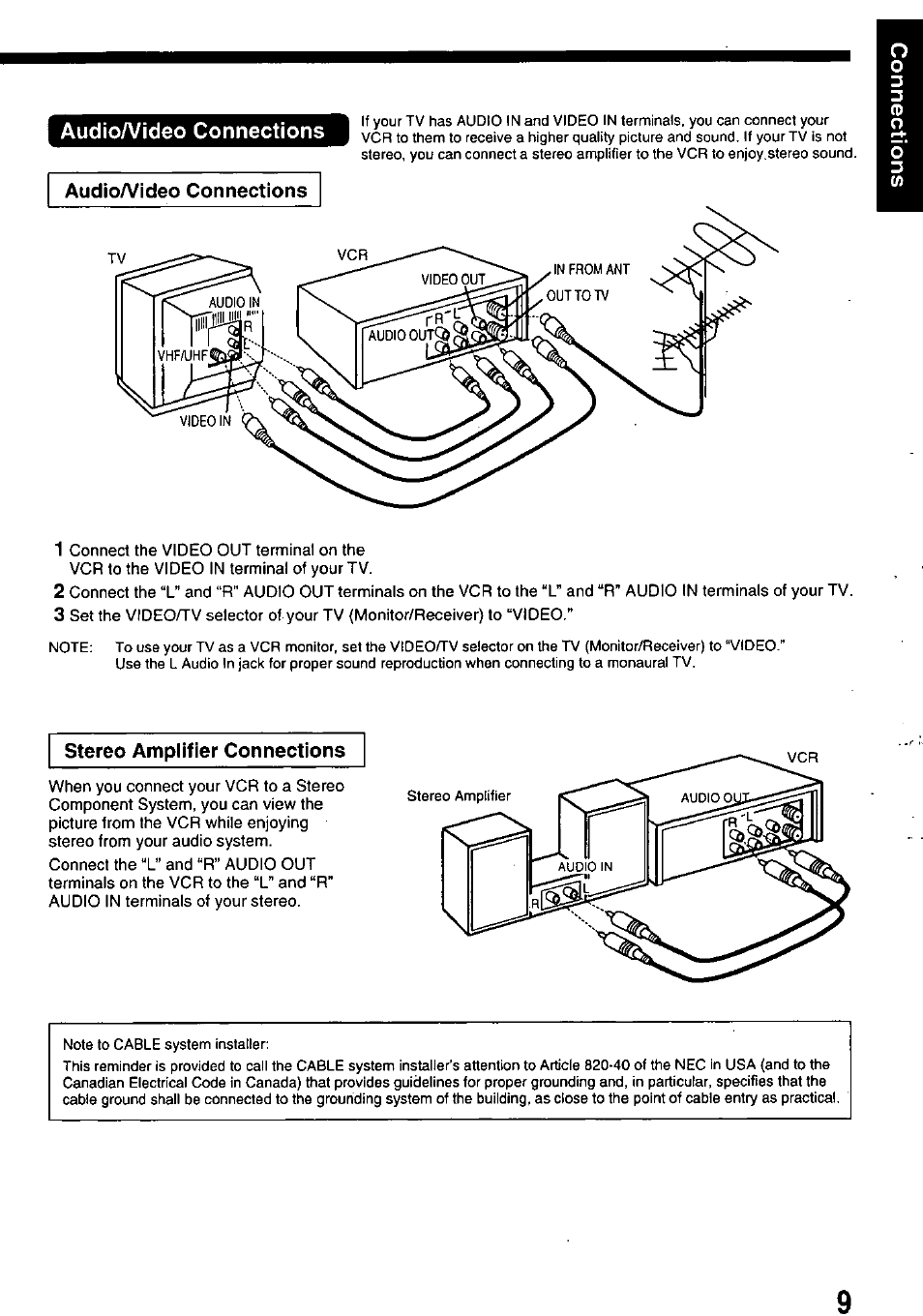 Audioa/ideo connections, Stereo amplifier connections | Panasonic OMNIVISION PV-8453 User Manual | Page 9 / 36