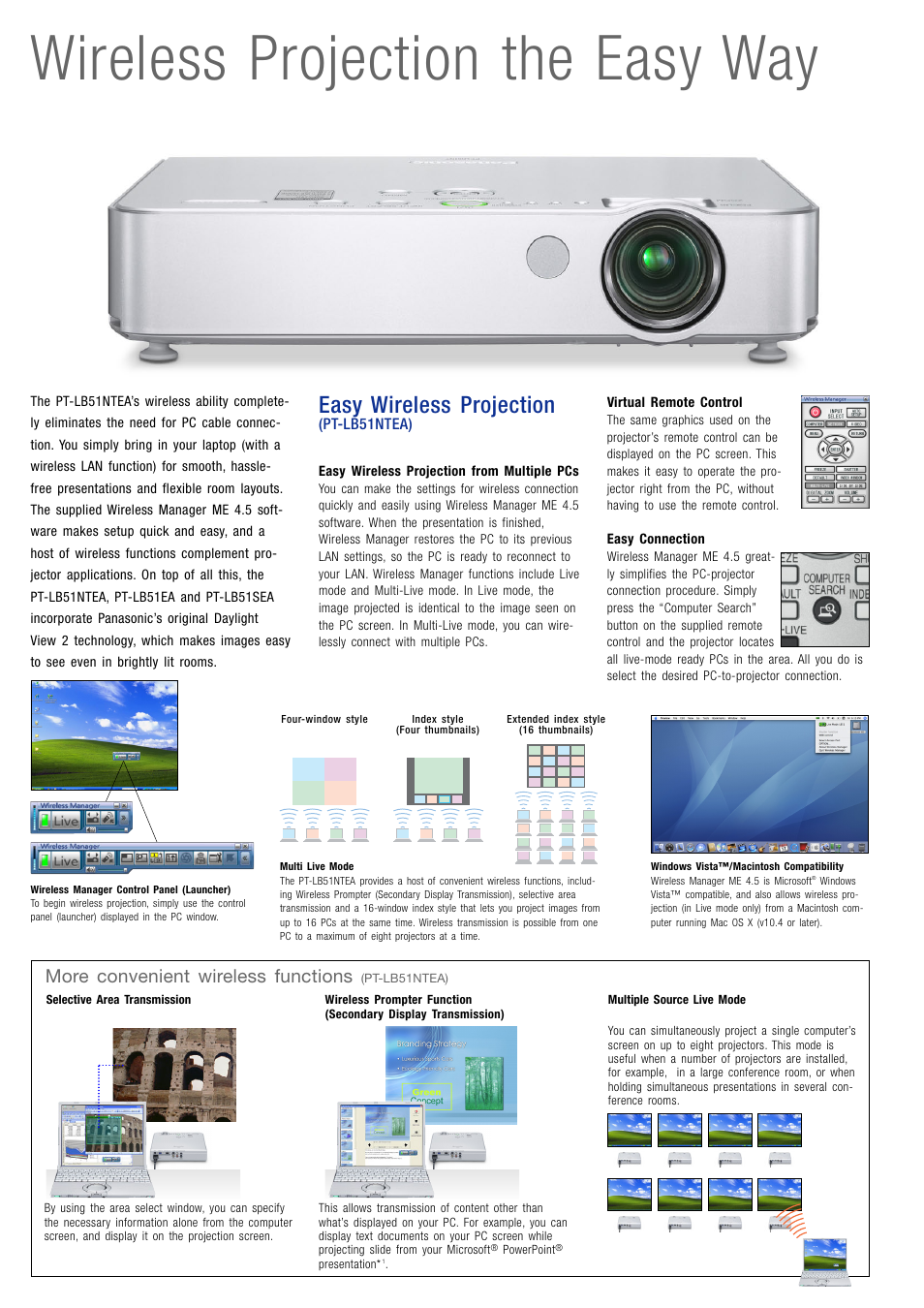 Wireless projection the easy way, Easy wireless projection, More convenient wireless functions | Panasonic PT-LB51EA User Manual | Page 2 / 4