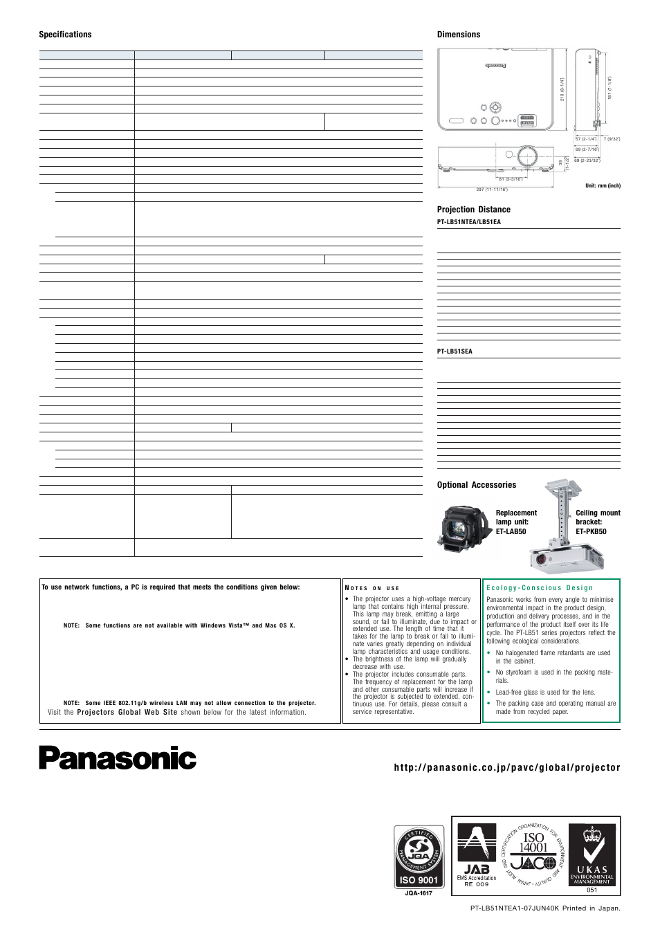 Specifications projection distance, Optional accessories, Dimensions | Panasonic PT-LB51EA User Manual | Page 4 / 4