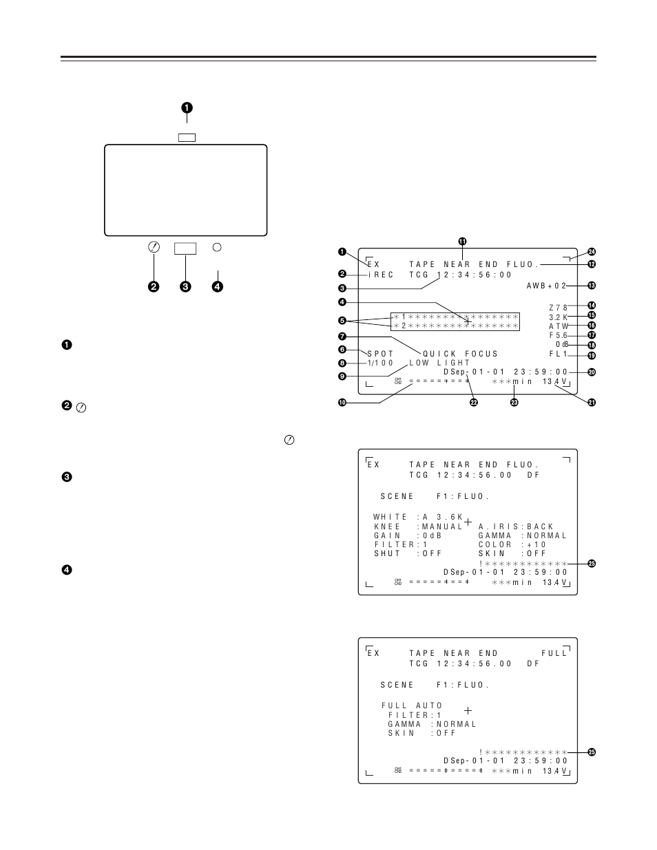 Viewfinder displays, Rec (record) lamp, Batt (battery) lamp | Irregular operation status warning) lamp, Vtr save (vtr power-saving) lamp | Panasonic AJ-D410A User Manual | Page 16 / 46