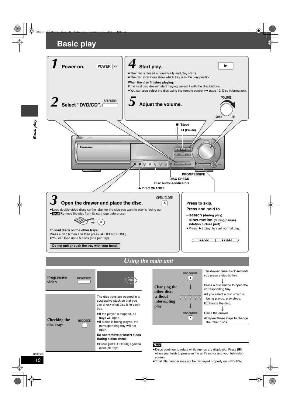 Disc operations, Basic play, Sing the main unit | Start play, Adjust the volume, Open the drawer and place the disc, Power on, Select “dvd/cd | Panasonic SC-HT680 User Manual | Page 10 / 32