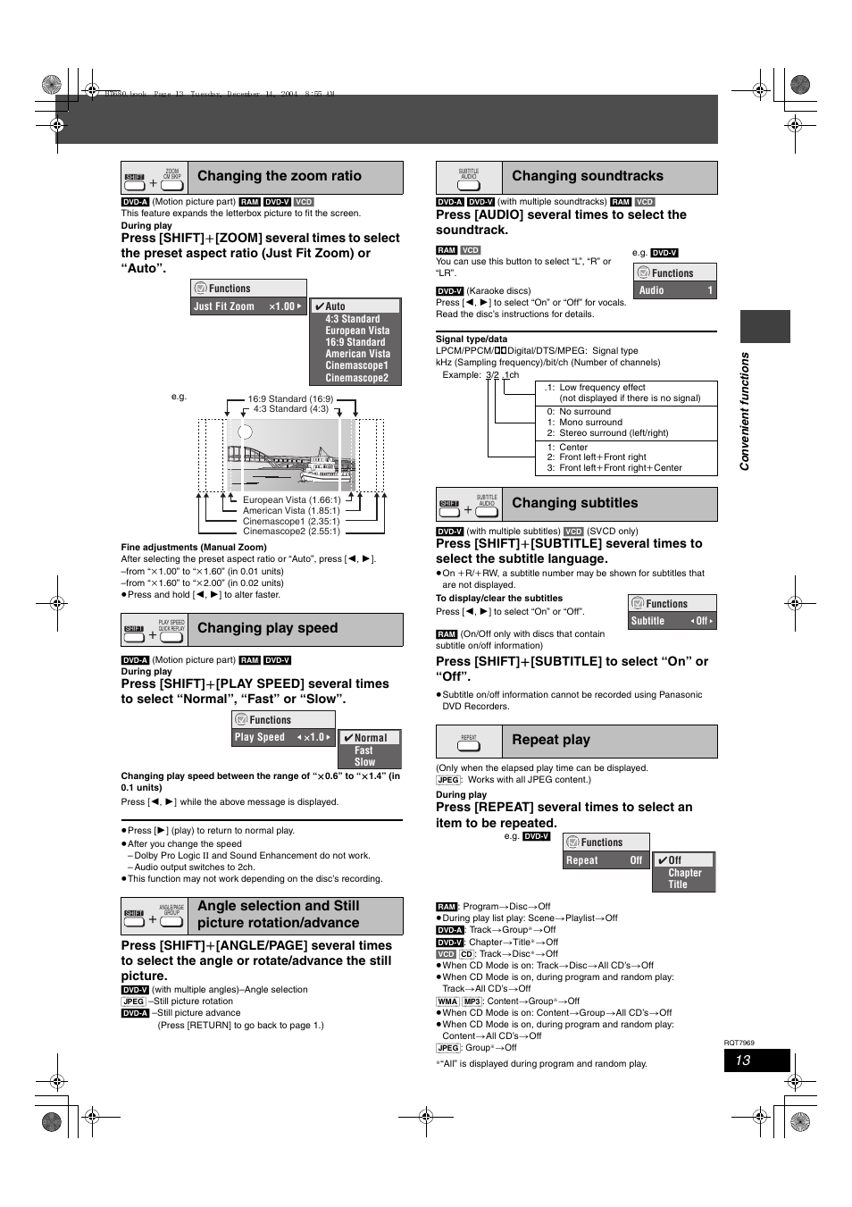 Changing soundtracks, Changing subtitles repeat play, Press [shift] i [subtitle] to select “on” or “off | Panasonic SC-HT680 User Manual | Page 13 / 32